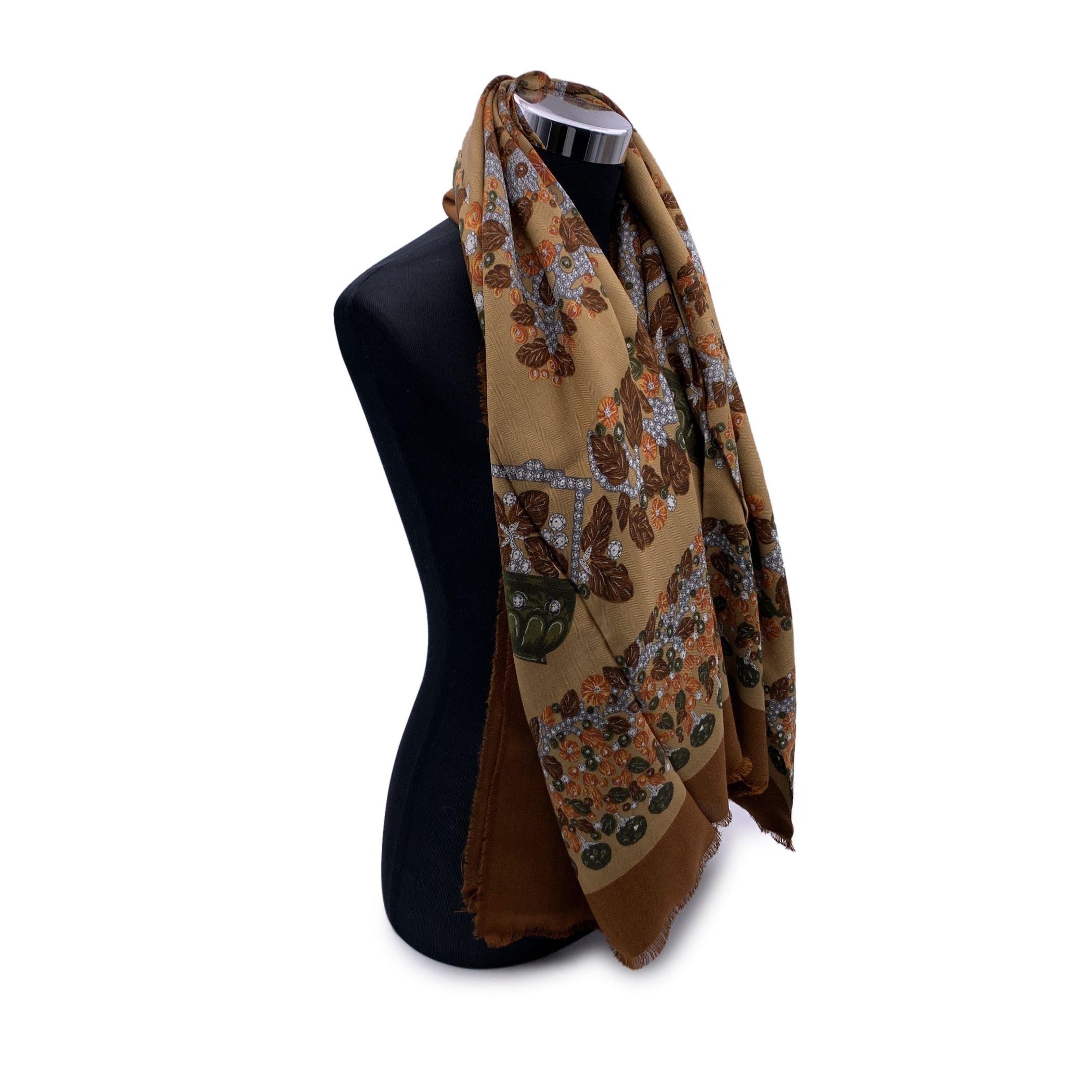 Women's Must de Cartier Paris Vintage Brown Silk and Wool Shawl Large Scarf