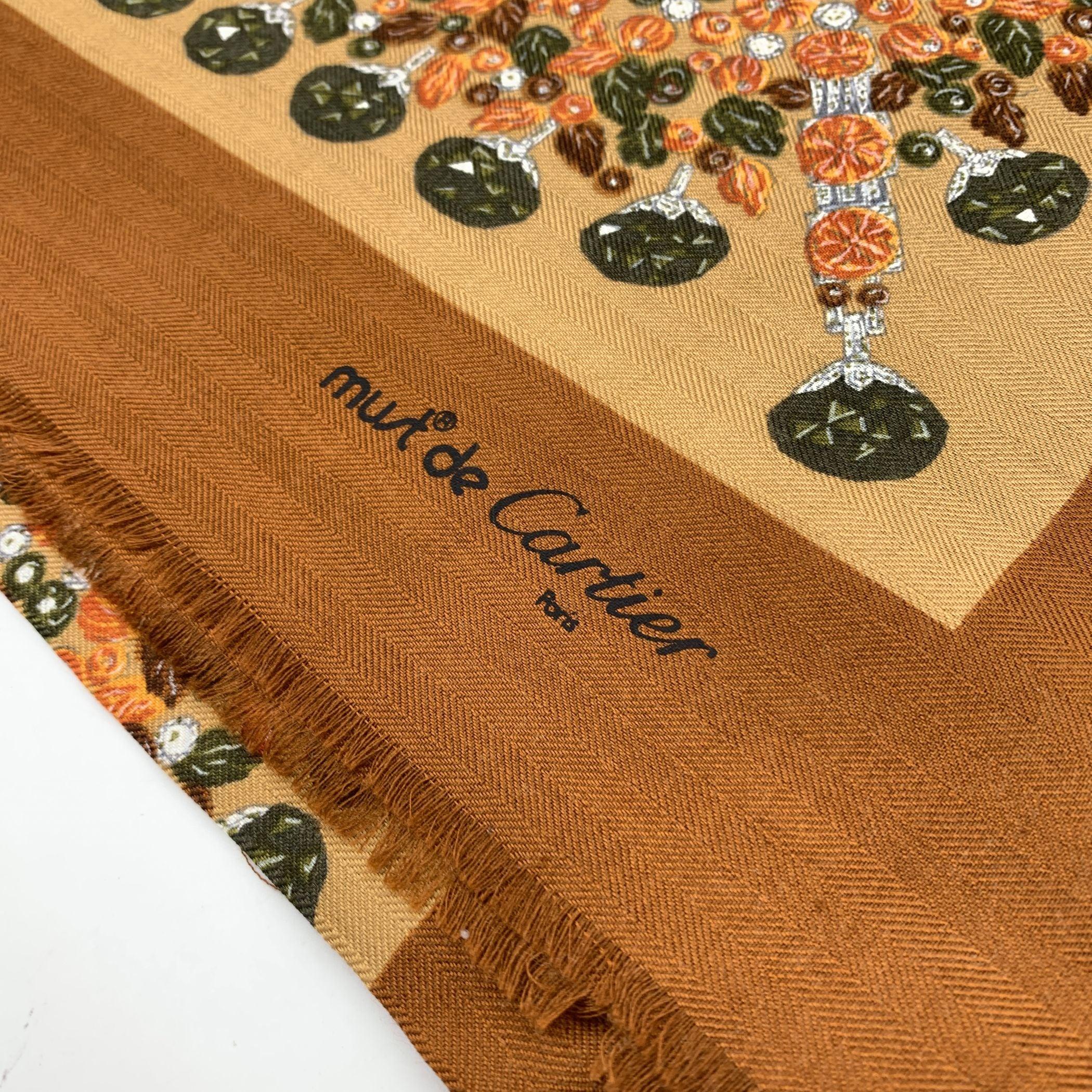 Must de Cartier Paris Vintage Brown Silk and Wool Shawl Large Scarf 1