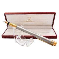 Must de Cartier Santos Fountain Pen 18ct Gold Nib & Brushed Steel and Gilt Metal