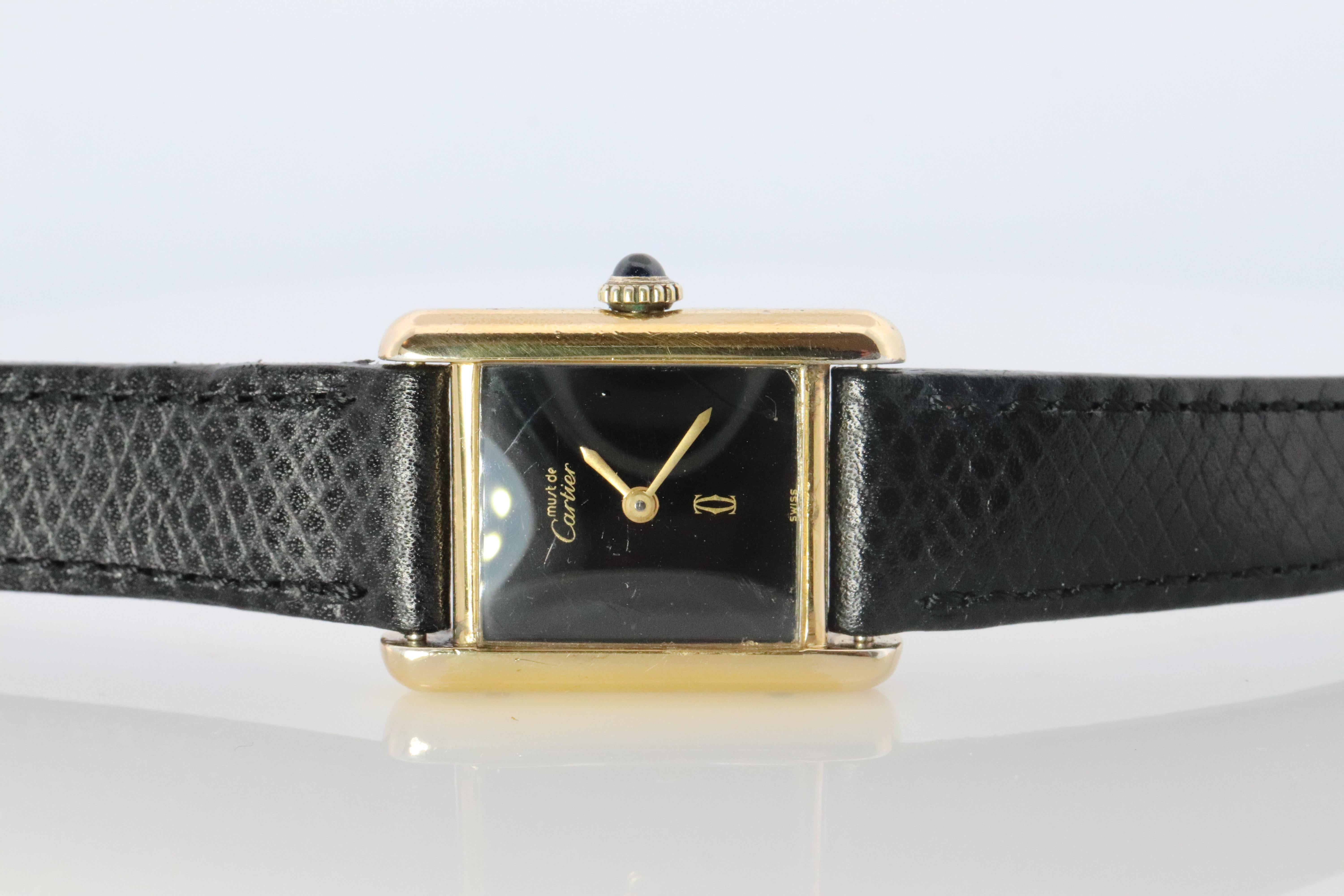 Cabochon Must de Cartier Tank Black Mystery Dial. Black ARGENT 925 Small Windup Watch For Sale