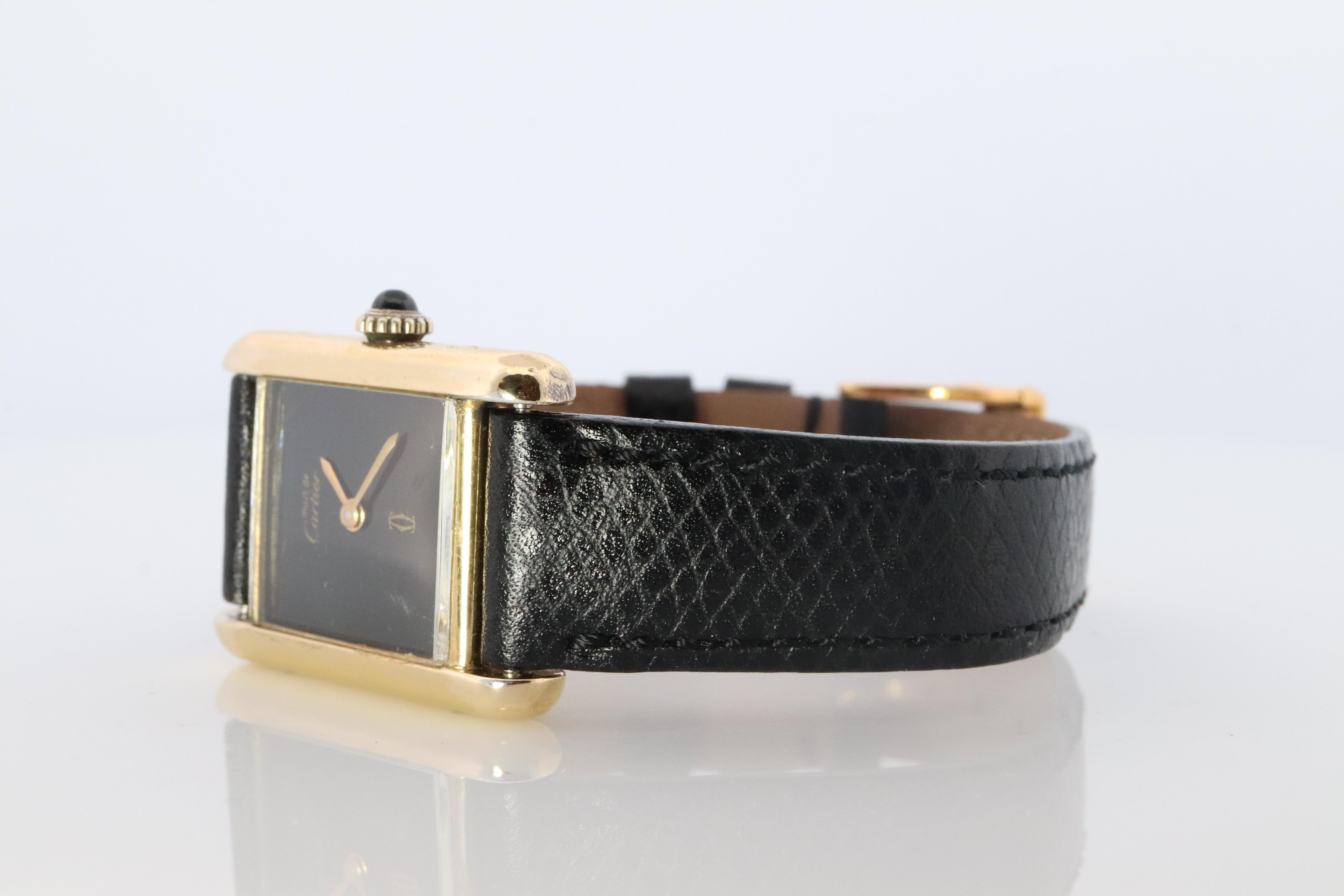 Must de Cartier Tank Black Mystery Dial. Black ARGENT 925 Small Windup Watch In Good Condition For Sale In Port Charlotte, FL