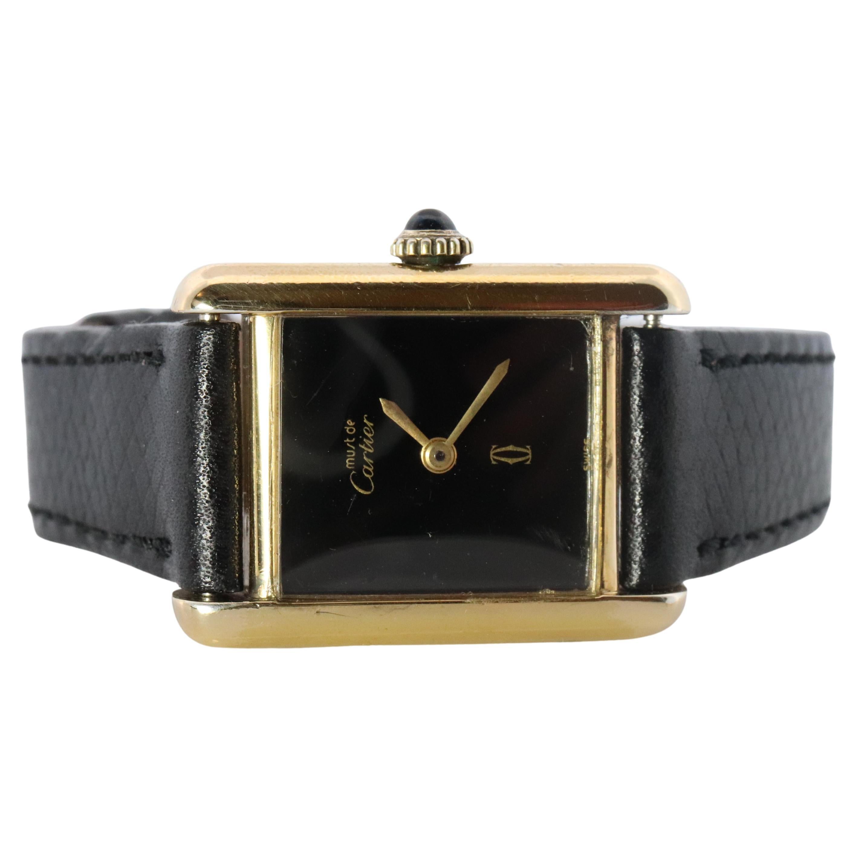 Must de Cartier Tank Black Mystery Dial. Black ARGENT 925 Small Windup Watch For Sale
