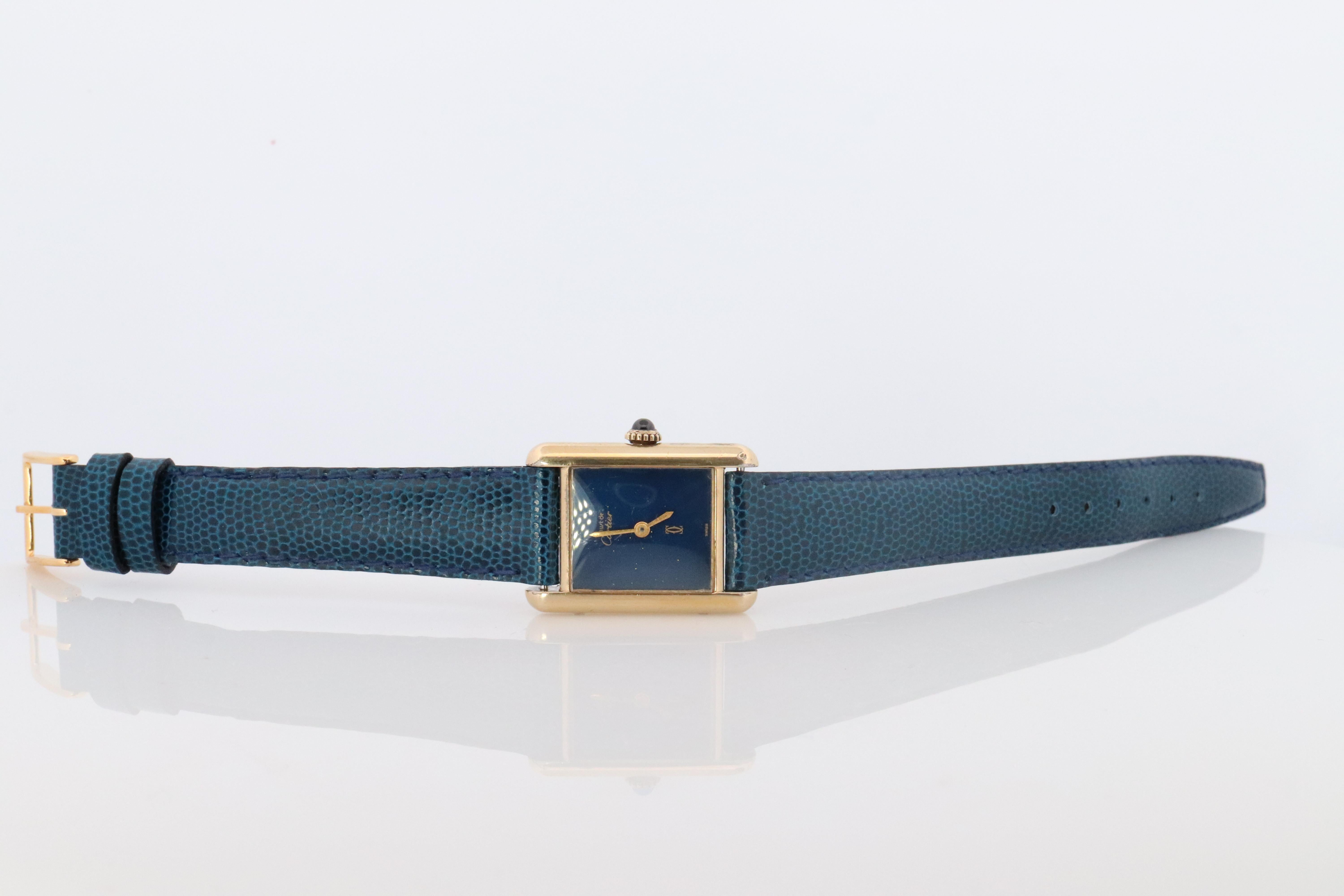 Must de Cartier Tank Blue Mystery Dial. Vermeil ARGENT 925 Small Windup Watch In Good Condition For Sale In Port Charlotte, FL