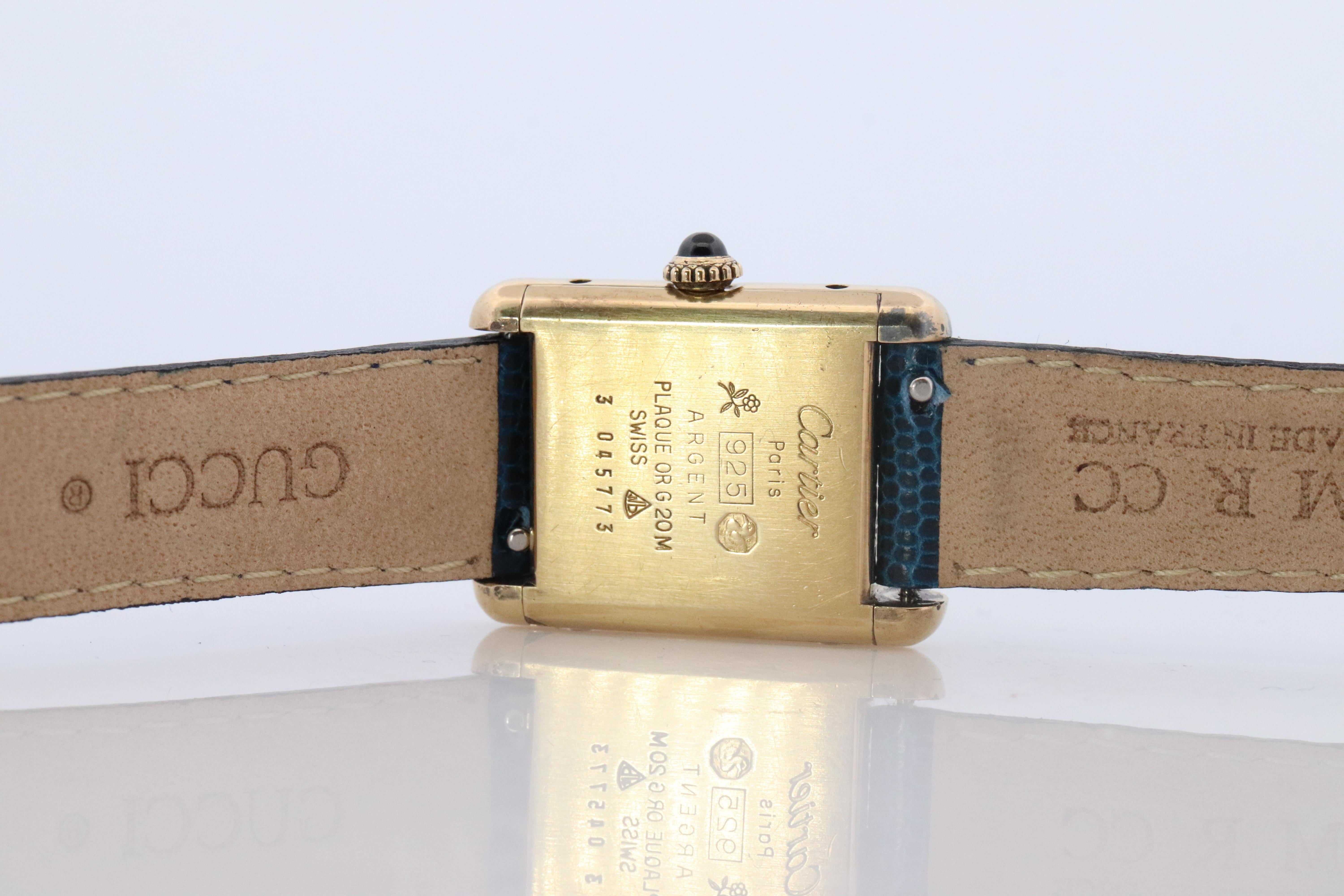 Must de Cartier Tank Blue Mystery Dial. Vermeil ARGENT 925 Small Windup Watch For Sale 3