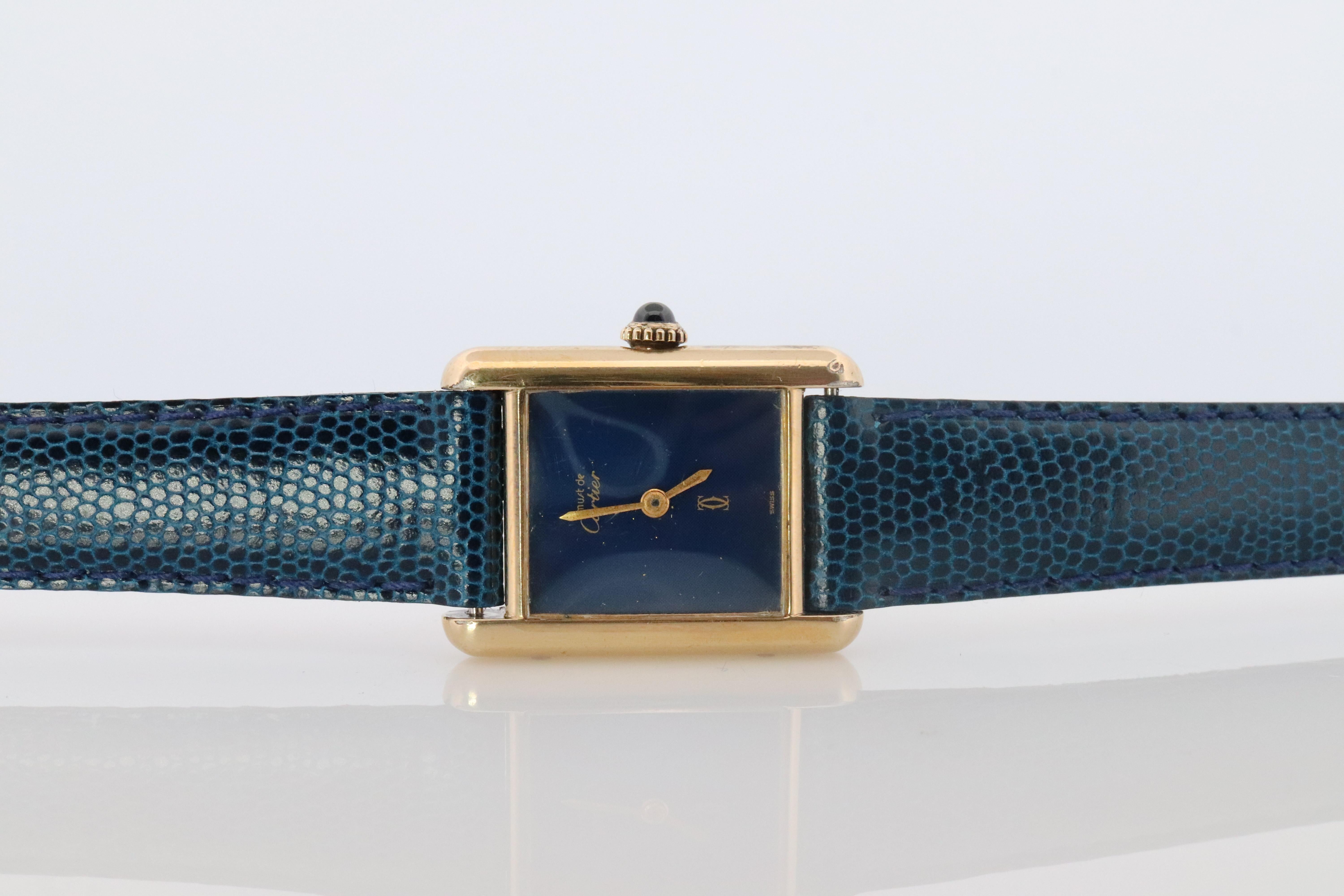 Must de Cartier Tank Blue Mystery Dial. Vermeil ARGENT 925 Small Windup Watch For Sale 4