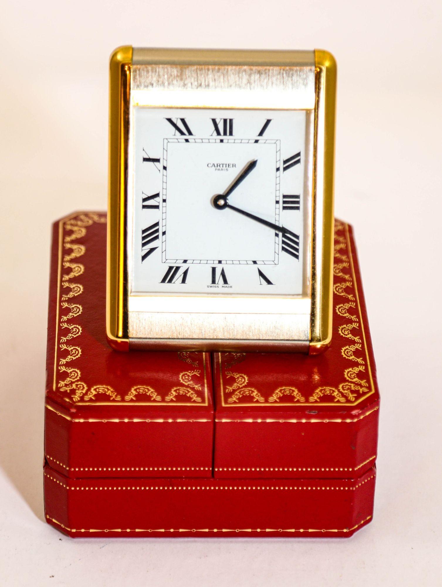 Art Deco Cartier Tank Desk Clock Two-Tone Gold and Steel For Sale