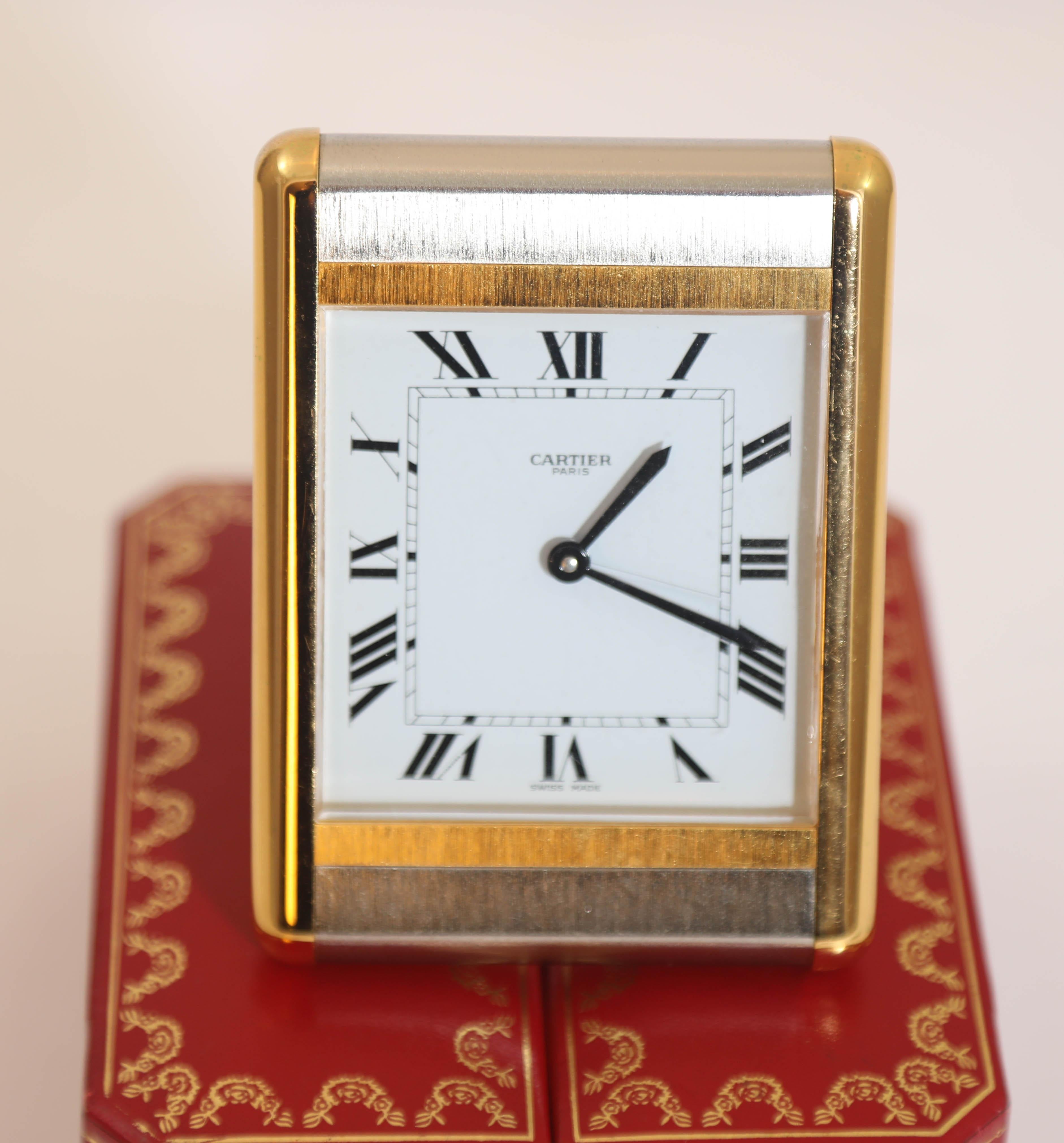 Art Deco Cartier Tank Desk Clock Two-Tone Gold and Steel For Sale