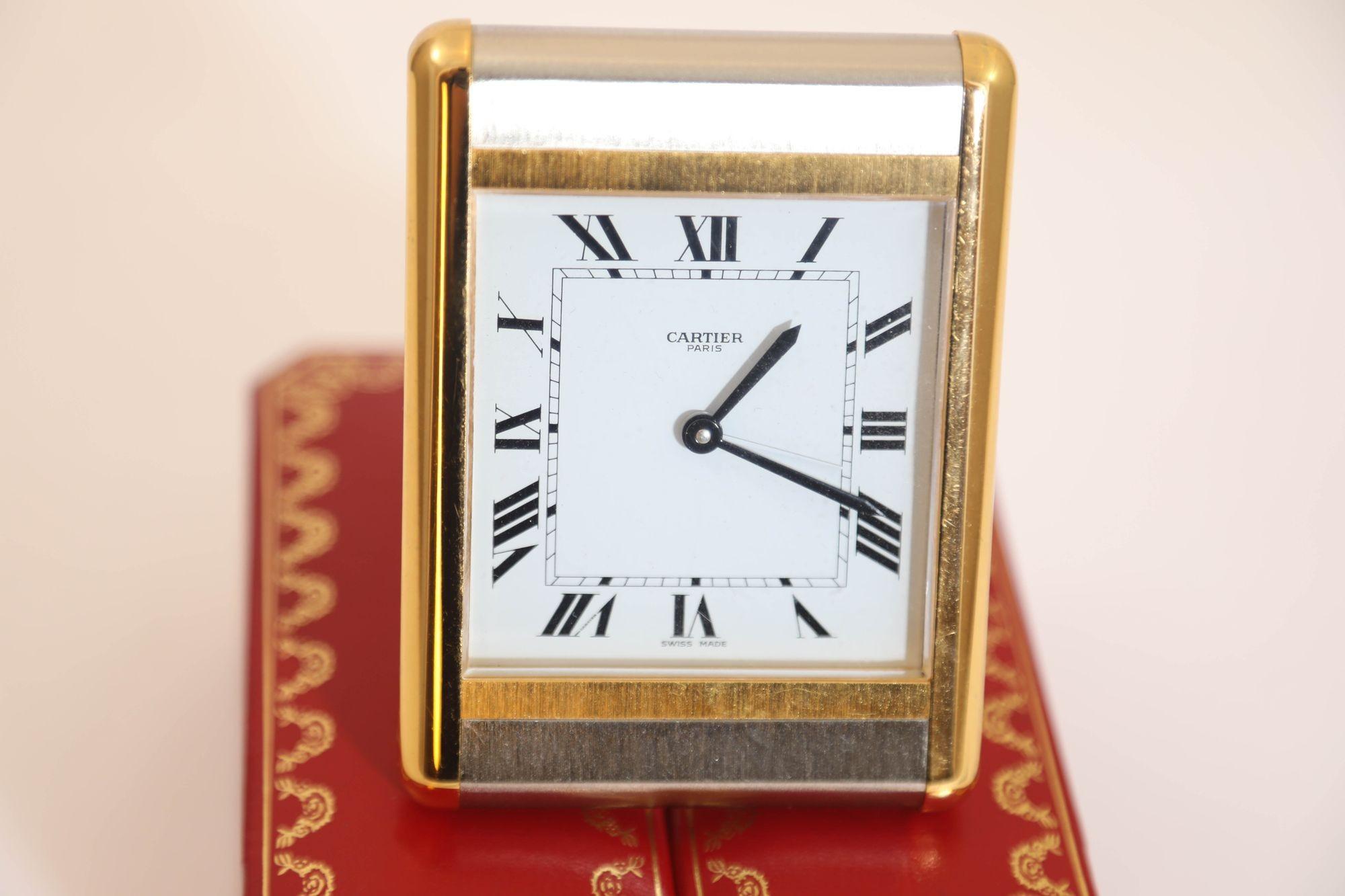 French Cartier Tank Desk Clock Two-Tone Gold and Steel For Sale