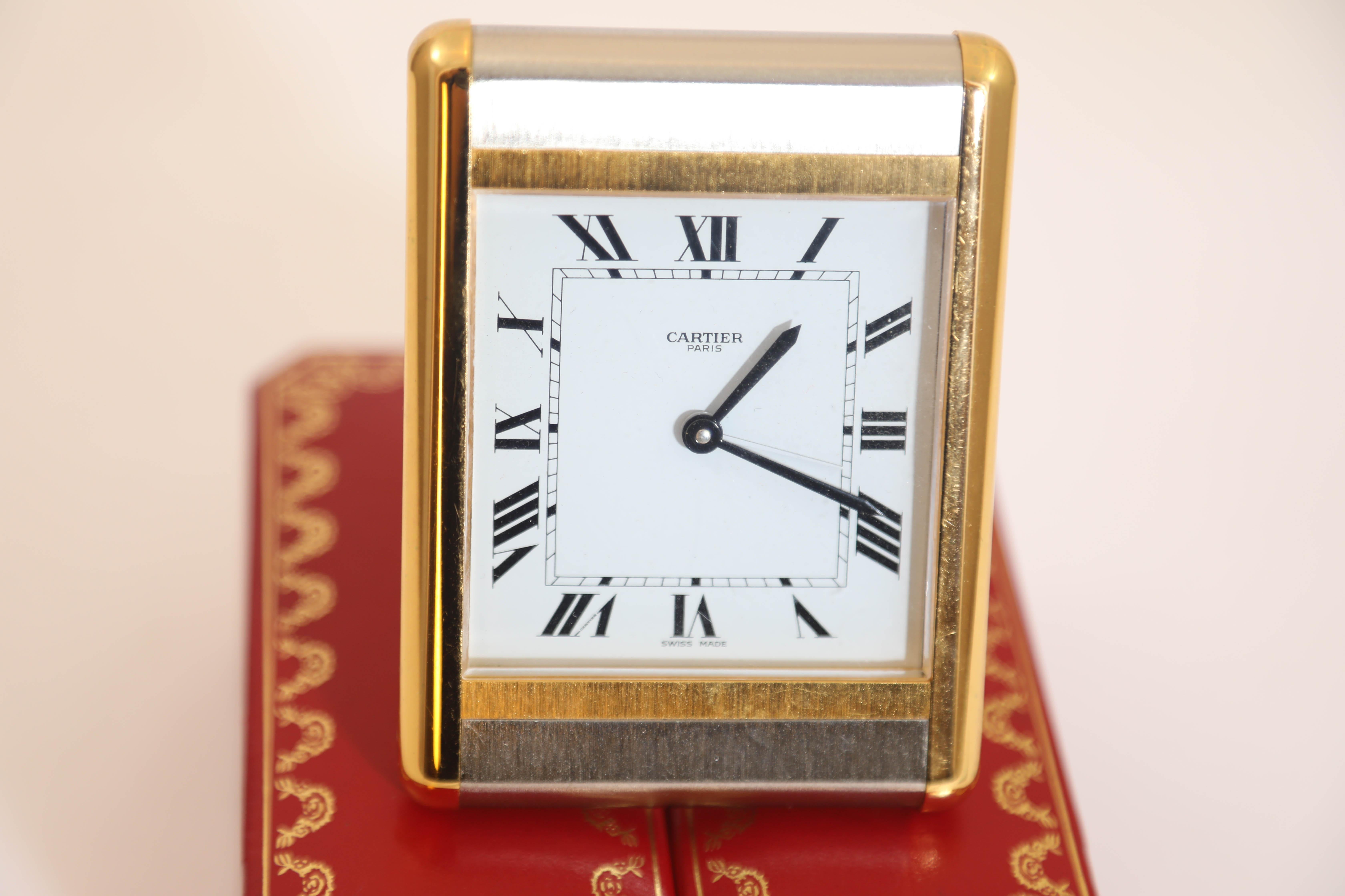 Cabochon Cartier Tank Desk Clock Two-Tone Gold and Steel For Sale