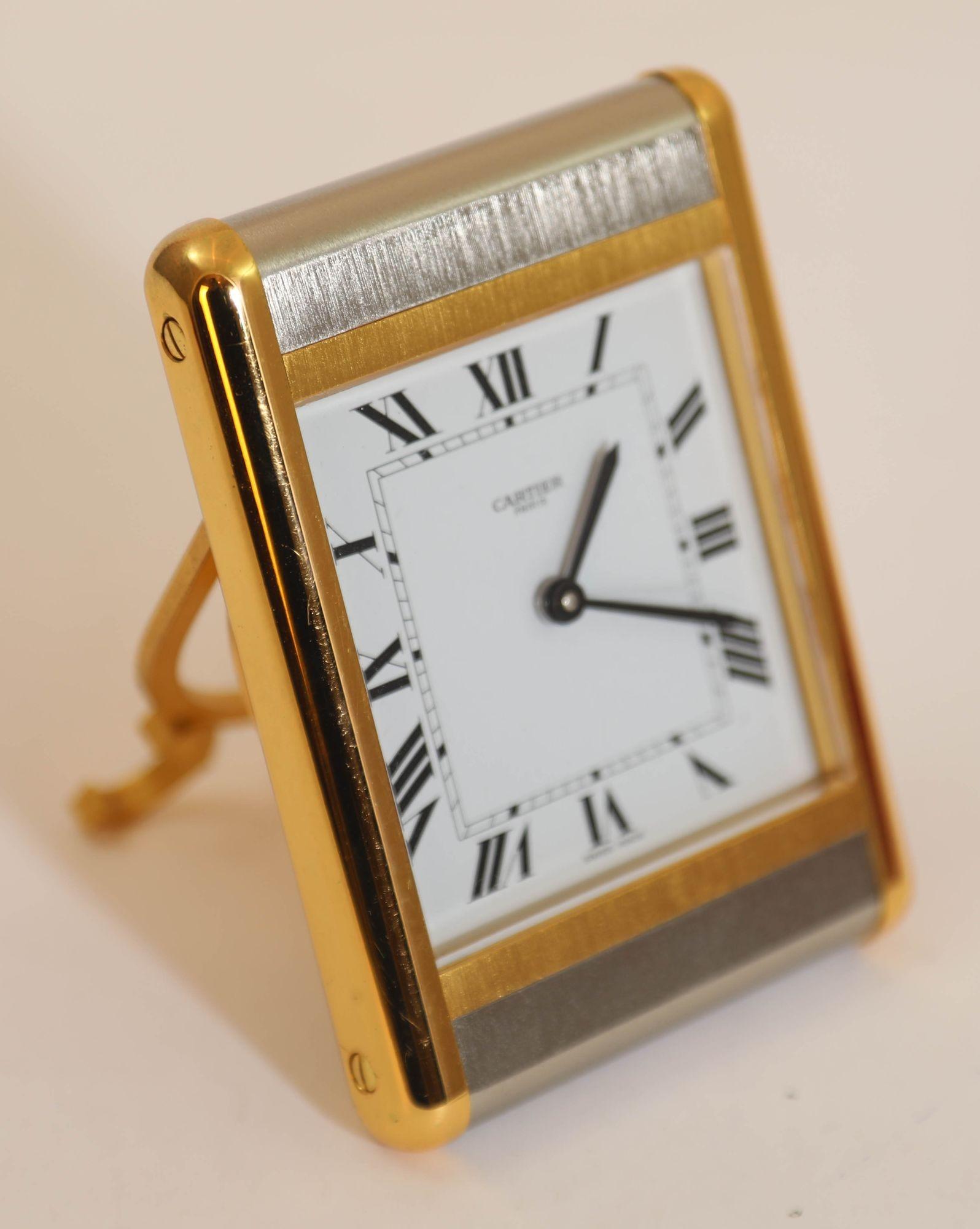 Gold Plate Cartier Tank Desk Clock Two-Tone Gold and Steel For Sale