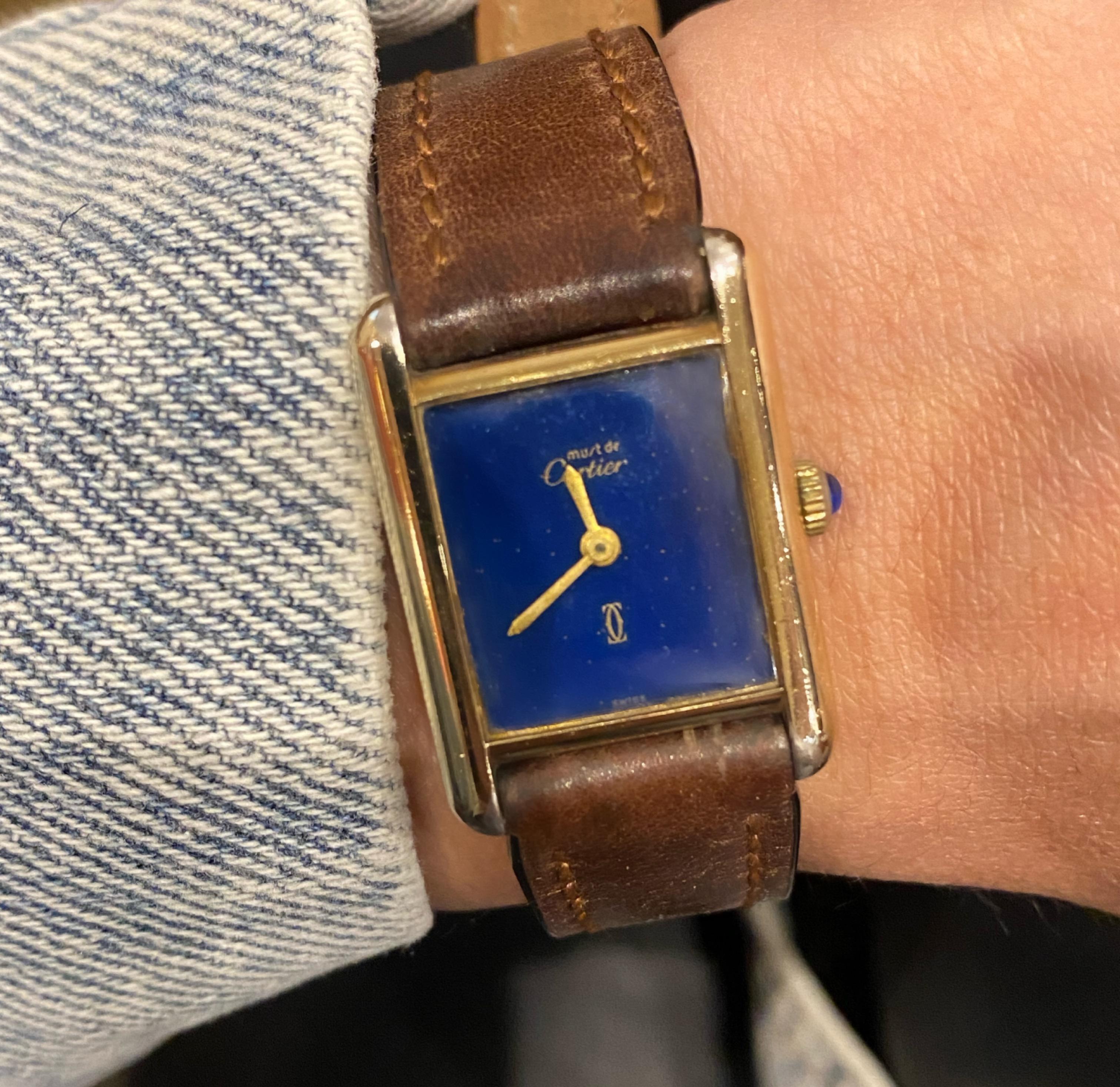Must de Cartier Tank Gold-Plated Silver Gilt Lapis Blue Dial Manual Ladies Watch In Excellent Condition For Sale In MELBOURNE, AU
