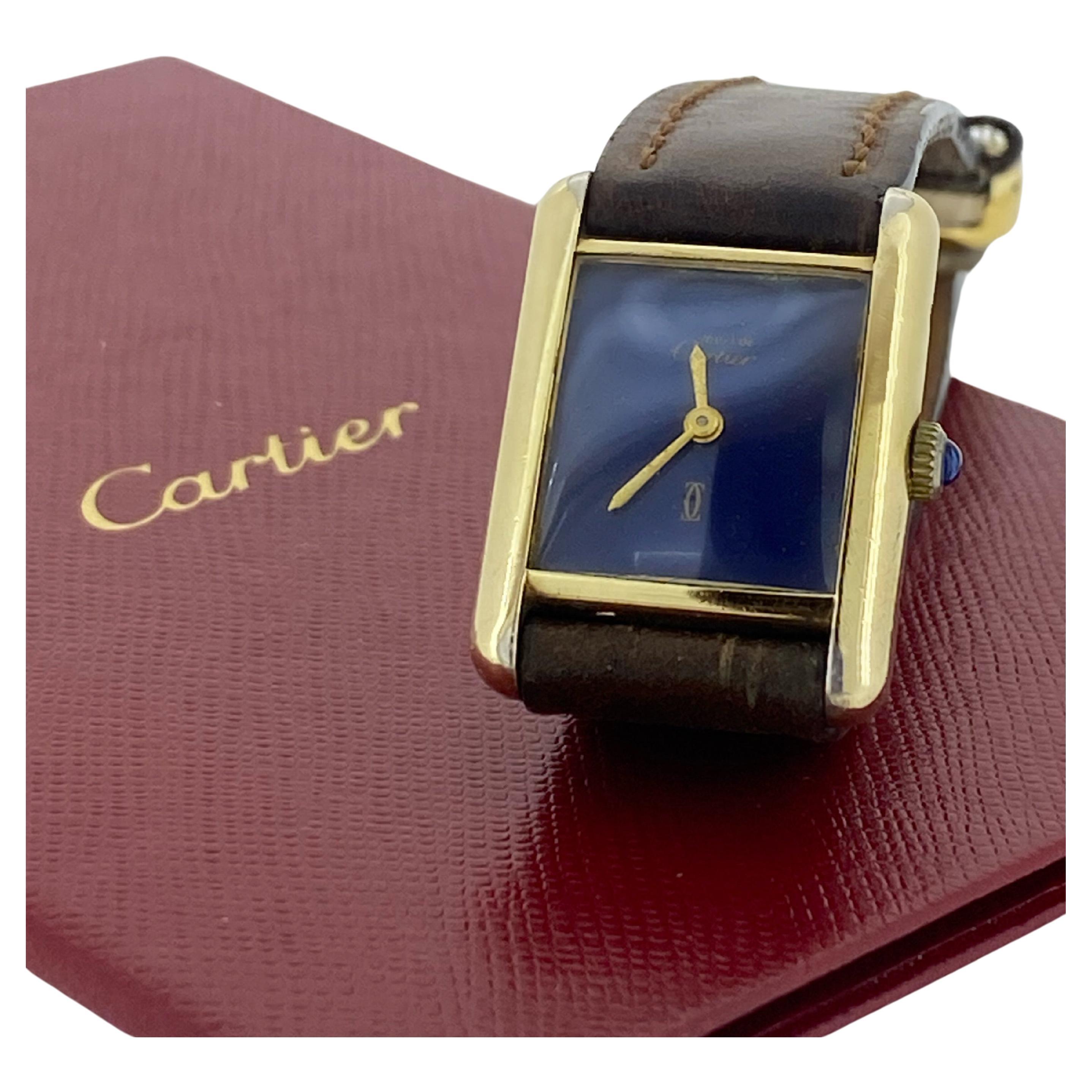 Must de Cartier Tank Gold-Plated Silver Gilt Lapis Blue Dial Manual Ladies Watch