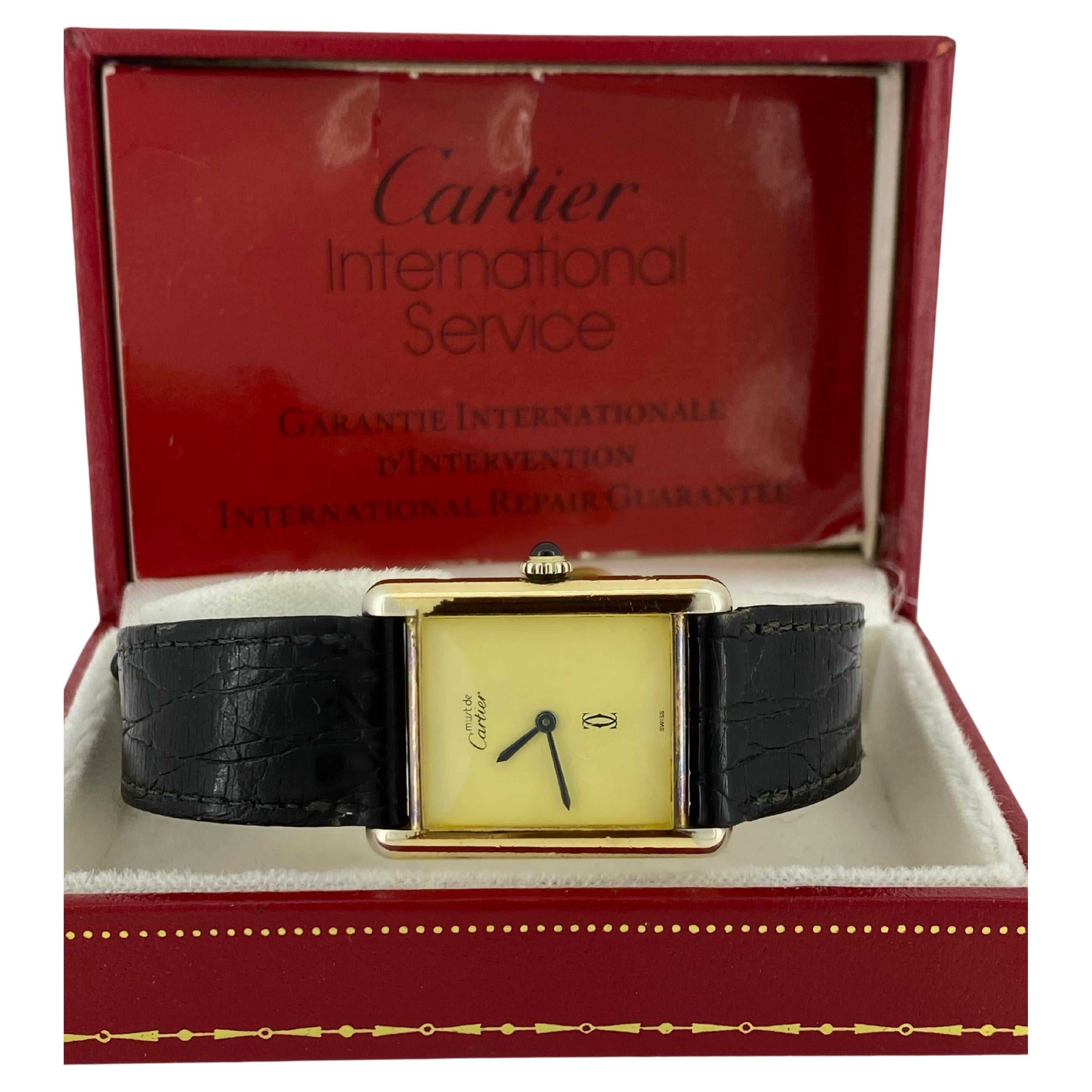 Must de Cartier Tank Gold-Plated Silver Gilt Manual Wind Mens' Watch. Box Papers