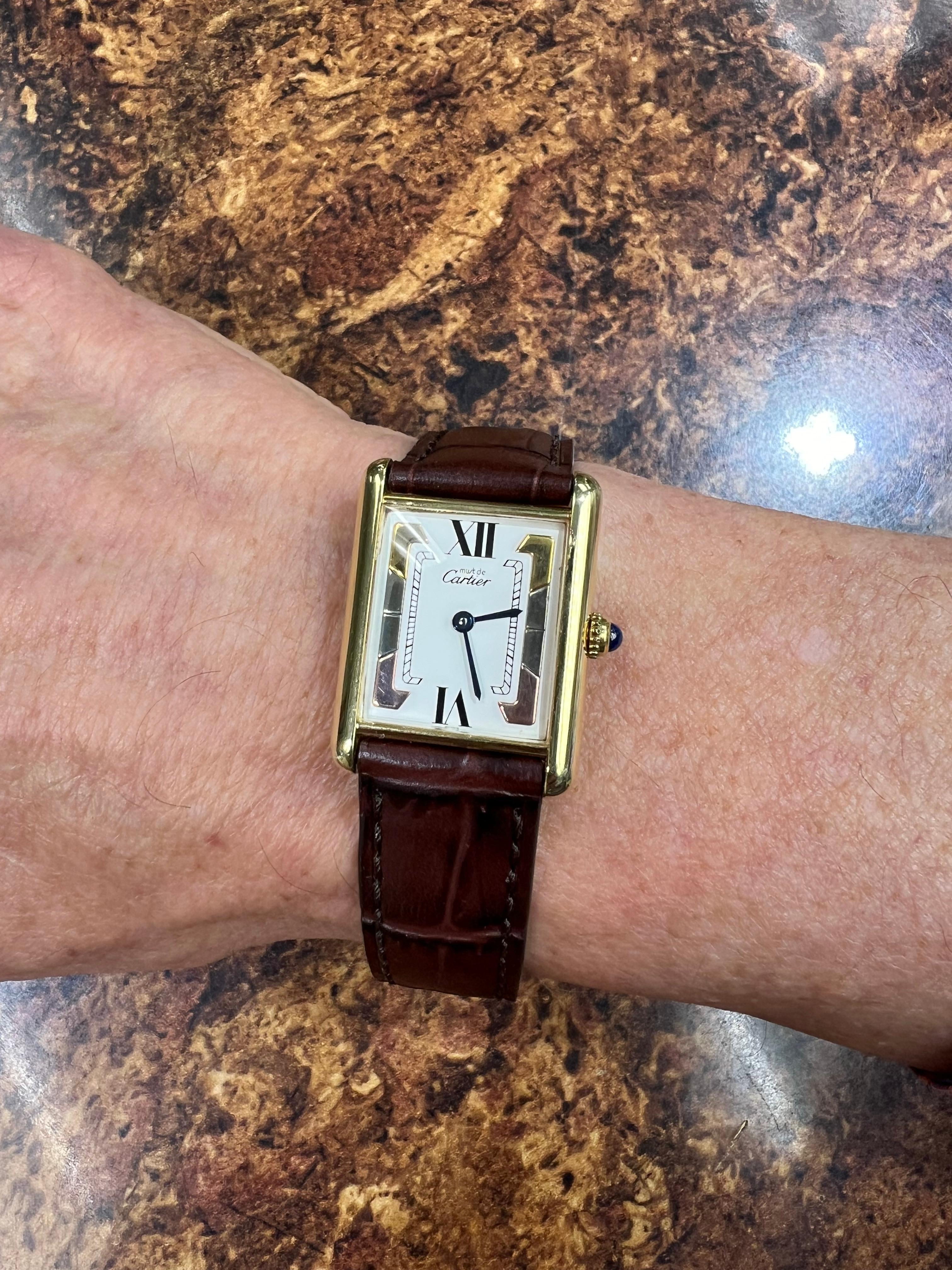 Cartier Must de Cartier Tank Vermeil Quartz Wristwatch, circa 1990s.

Like so many other Cartier wristwatch designs this large tank model has been and remains a favorite classic since its introduction in the mid-1970s. The case is crafted in