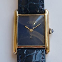 Must De Cartier Tank Vermeil Ladies Gold Plated Blue Dial Hand Wind RA739