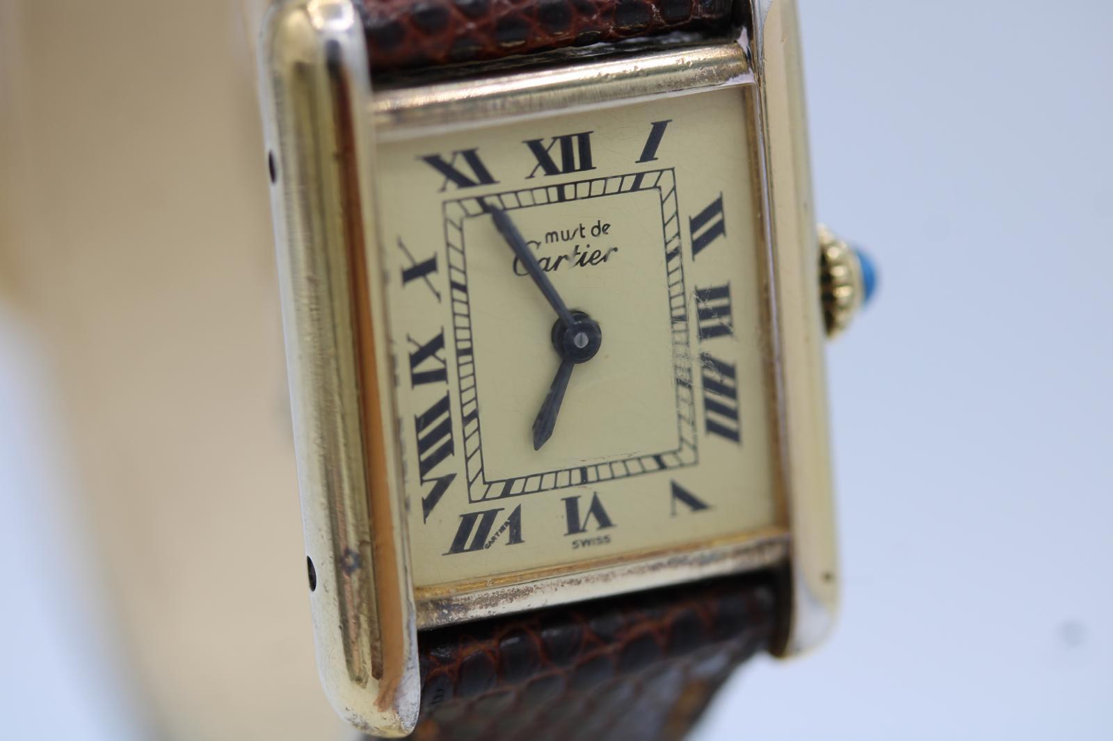 Must de Cartier Tank Vermeil (Esfera Limón)  Viento manual  Correa y hebilla originales en venta 6