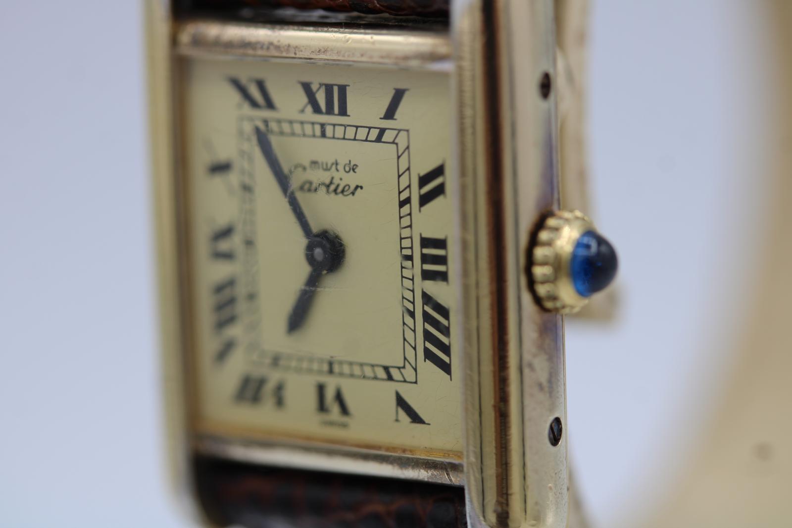 Must de Cartier Tank Vermeil (Esfera Limón)  Viento manual  Correa y hebilla originales en venta 7