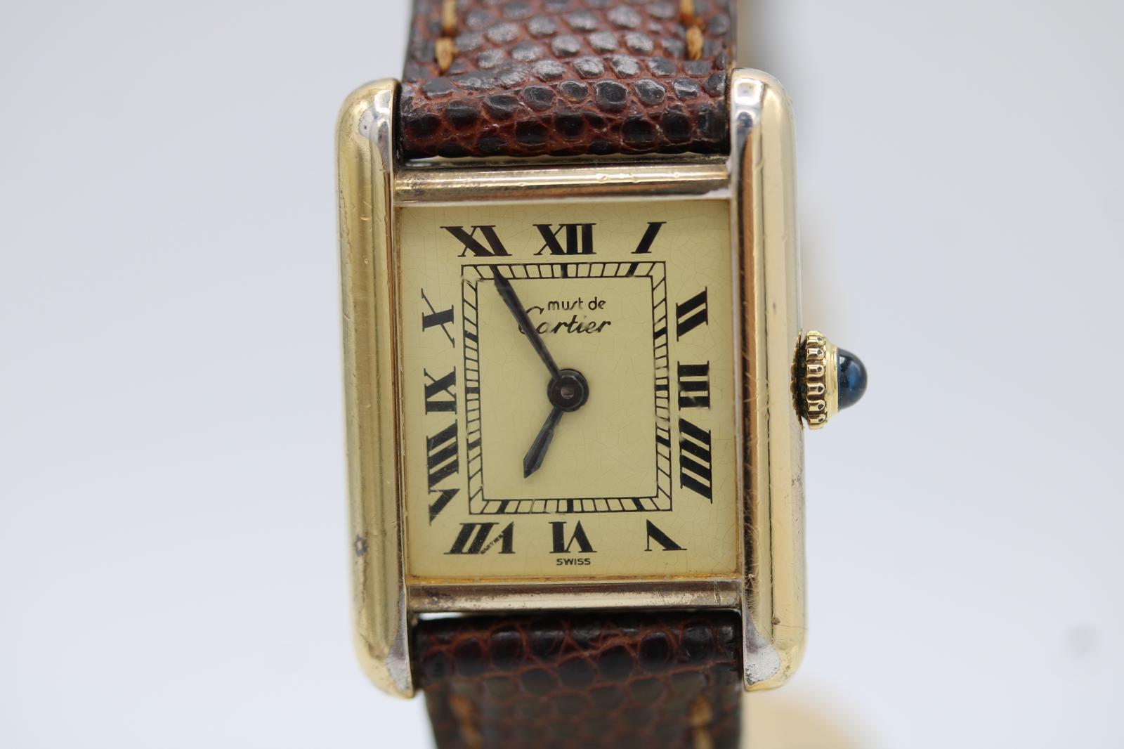 Must de Cartier Tank Vermeil (Esfera Limón)  Viento manual  Correa y hebilla originales en venta 8