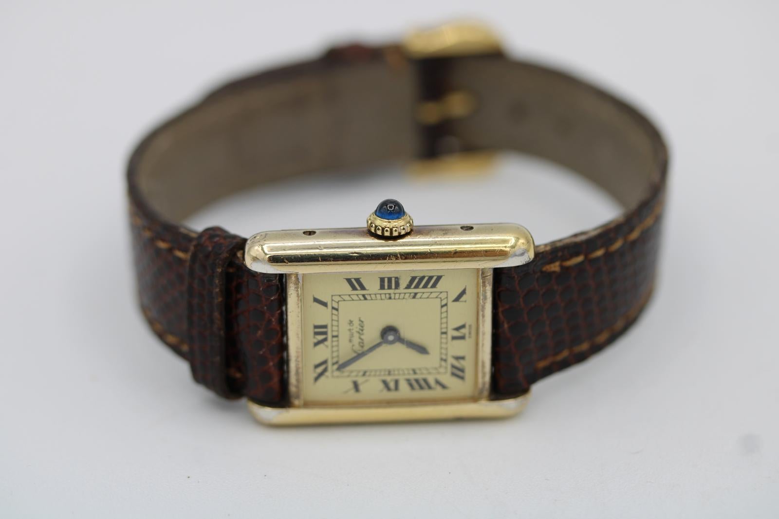 Femenino o masculino Must de Cartier Tank Vermeil (Esfera Limón)  Viento manual  Correa y hebilla originales en venta