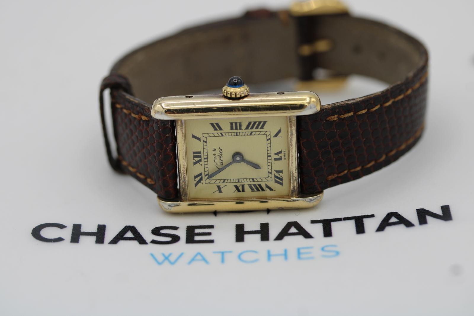 Must de Cartier Tank Vermeil (Esfera Limón)  Viento manual  Correa y hebilla originales en venta 1