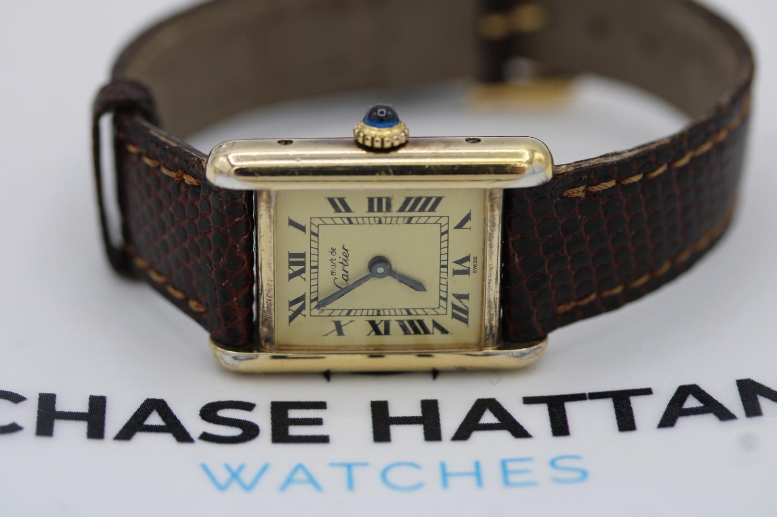 Must de Cartier Tank Vermeil (Esfera Limón)  Viento manual  Correa y hebilla originales en venta 2