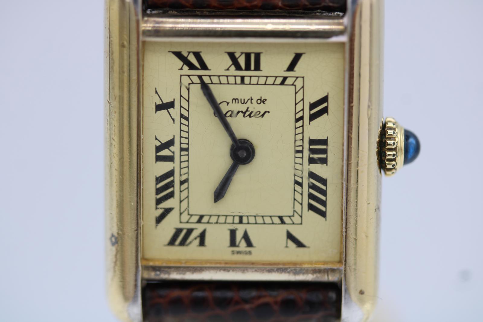 Must de Cartier Tank Vermeil (Esfera Limón)  Viento manual  Correa y hebilla originales en venta 5