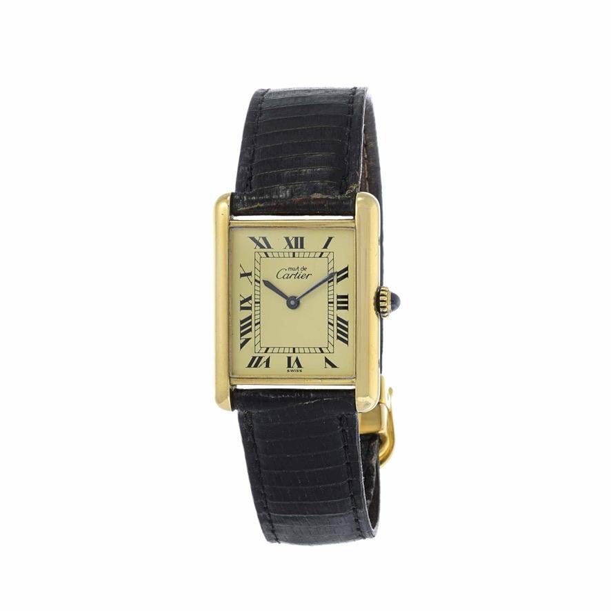 This is an excellent condition Must de Cartier vermeil tank watch. This watch is powered by an in house Cartier manual wind movement.

This watch is a mid size tank perfect for either men or women. The case measure 20.5mm x 30.5mm. It is comprised