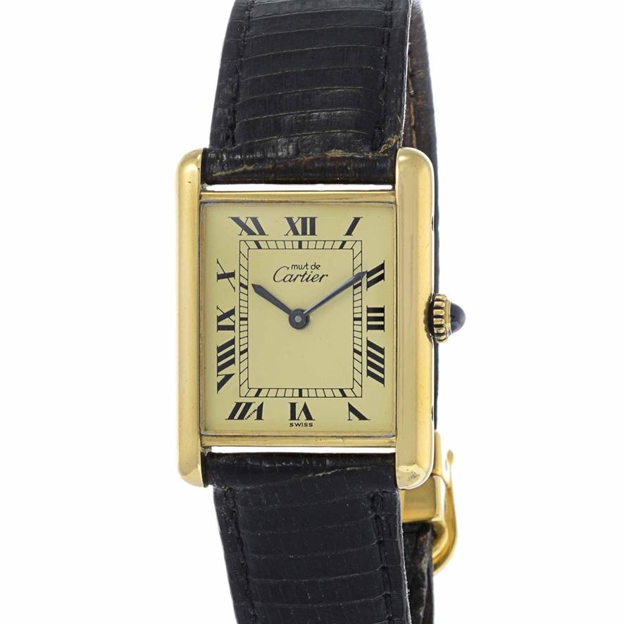 Retro Must De Cartier Tank Vermeil Manual Wind with Deployant Buckle For Sale