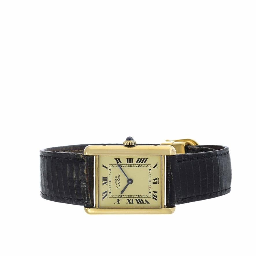 Must De Cartier Tank Vermeil Manual Wind with Deployant Buckle In Good Condition For Sale In New York, NY