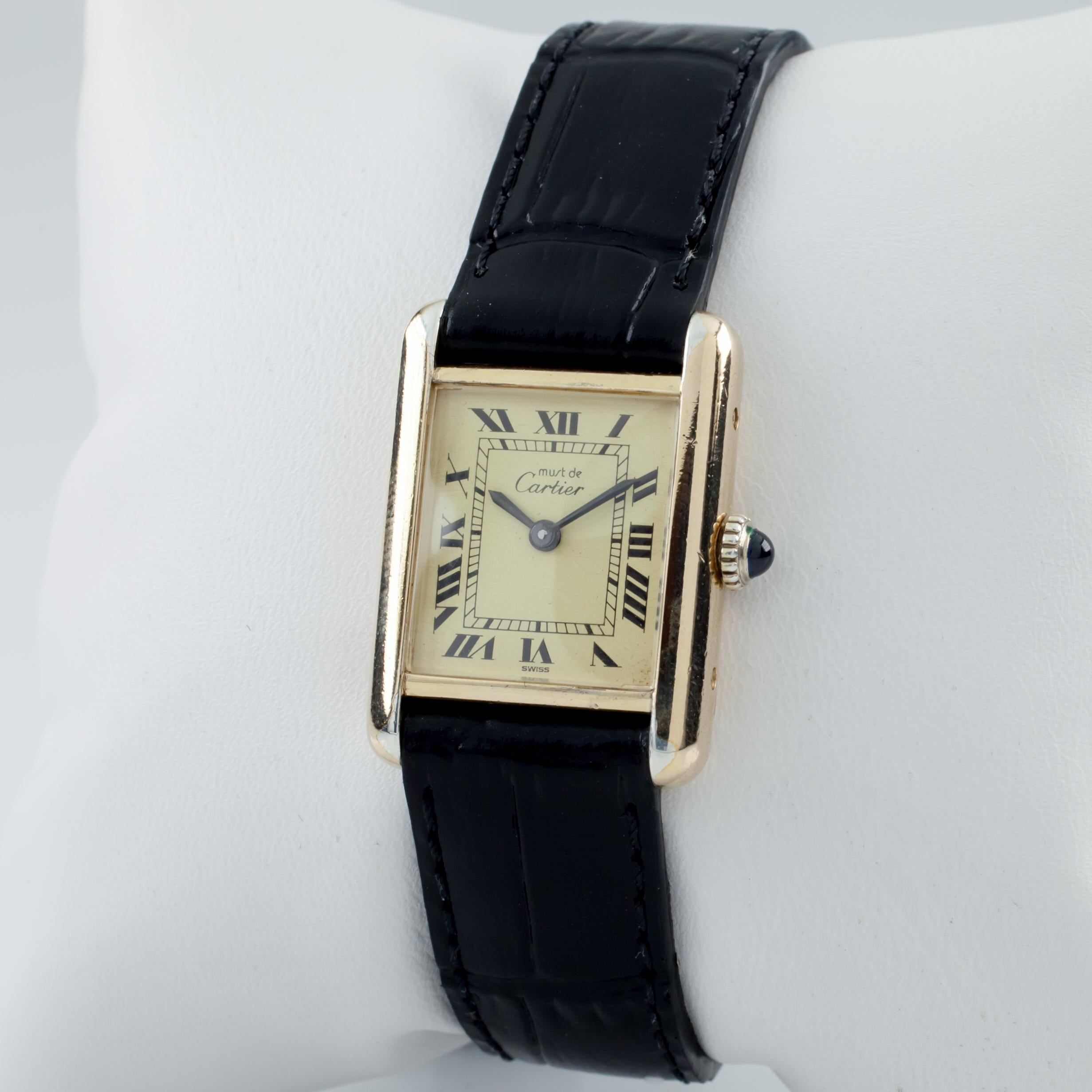 Must de Cartier Vermeil Women's Hand-Winding Watch with Aftermarket Leather Band In Good Condition In Sherman Oaks, CA