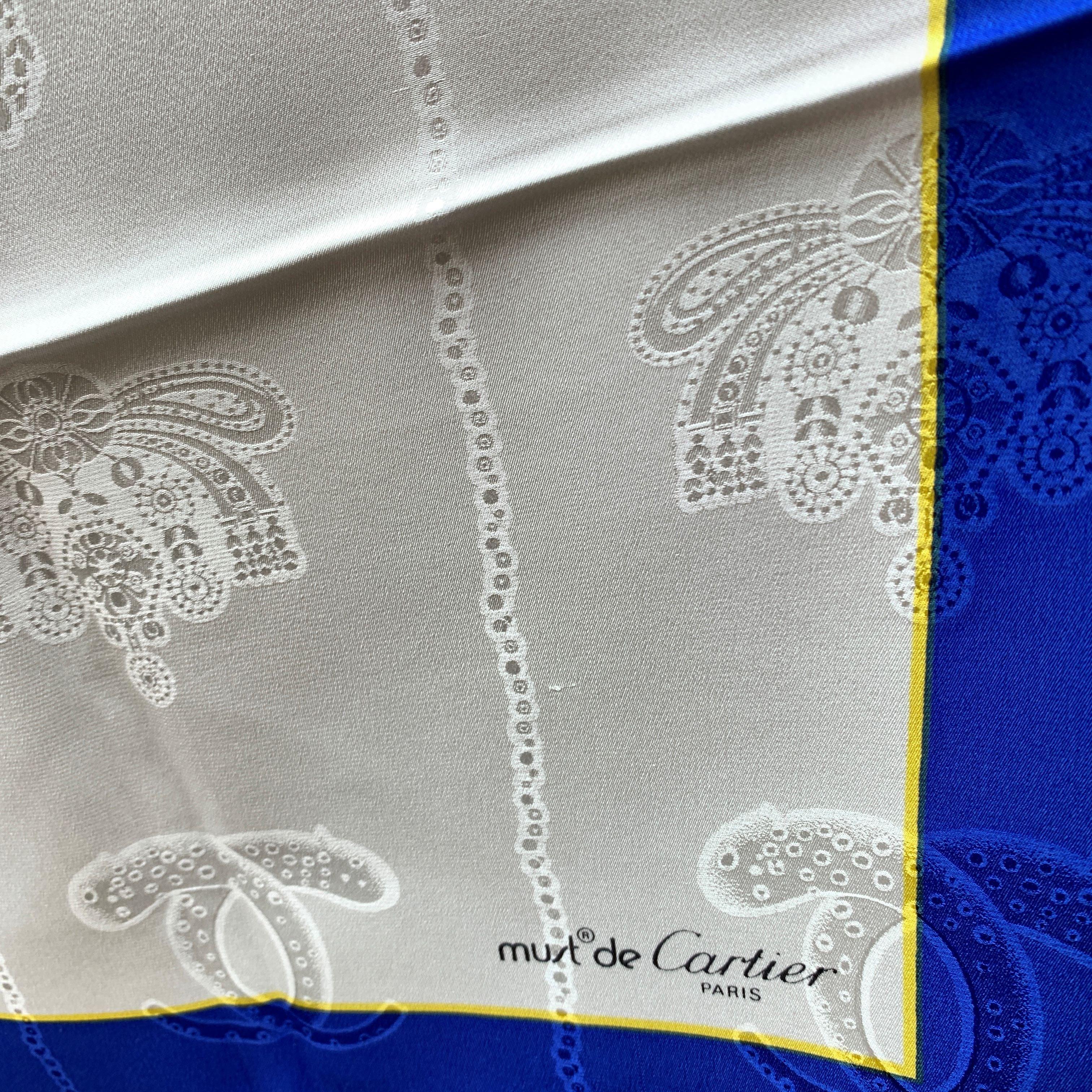 Must De Cartier Vintage Jacquard Silk Scarf Blue Border In Excellent Condition For Sale In Rome, Rome
