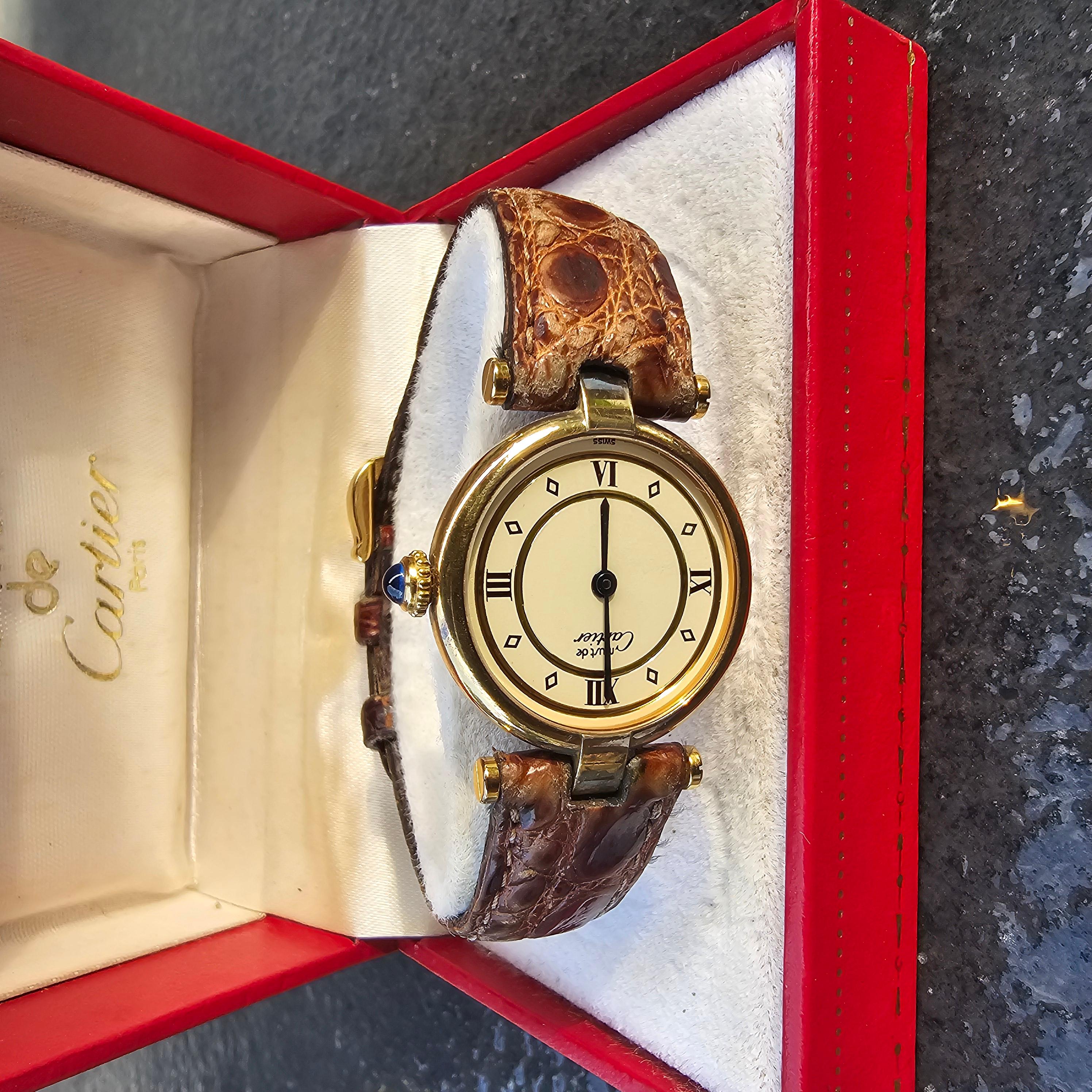 Must de Cartier Uhr Vendome Paris Quarz 925 Sterling Silber Leder 590004 im Angebot 10