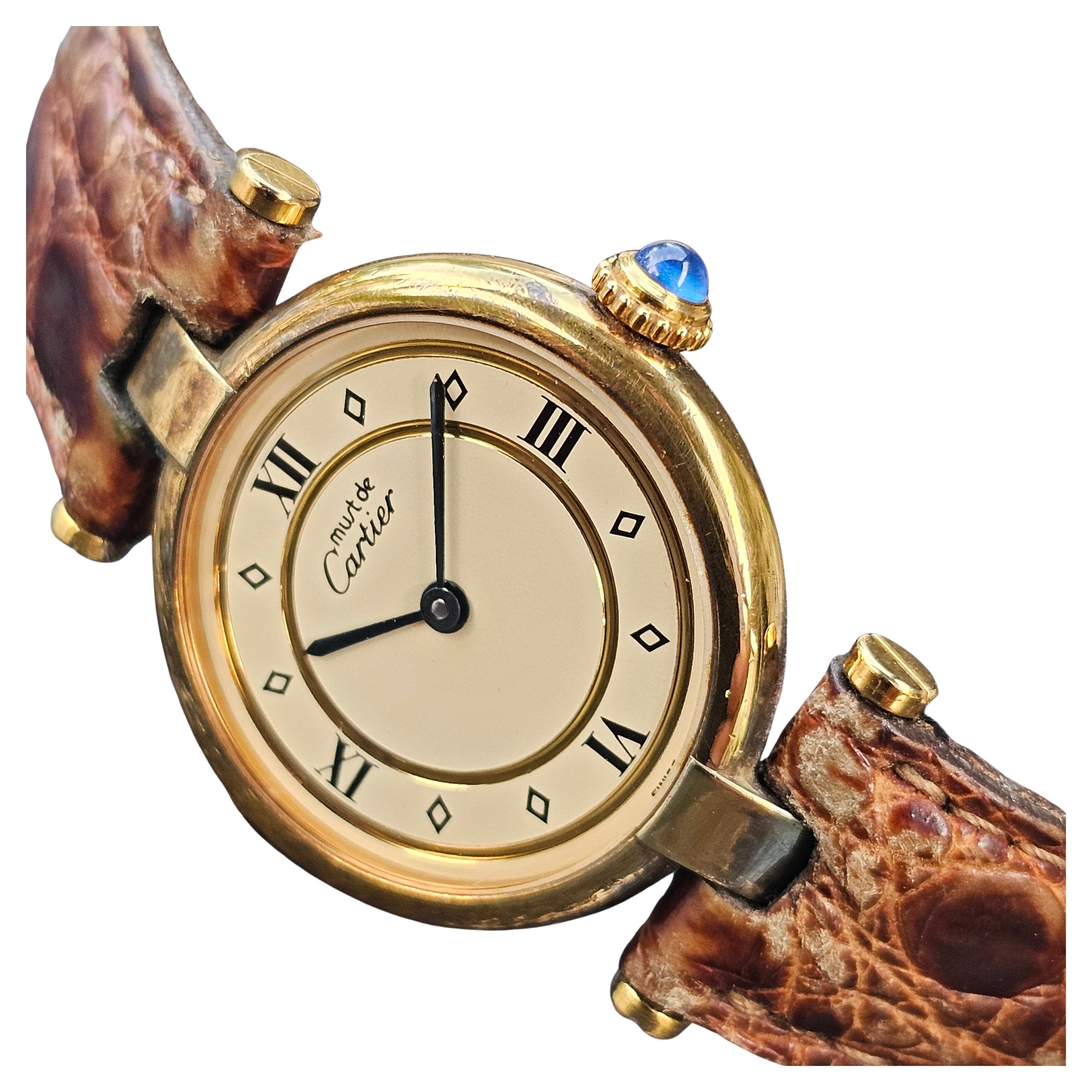 Must De Cartier Watch Vendome Paris Quartz 925 Sterling Silver Leather 590004