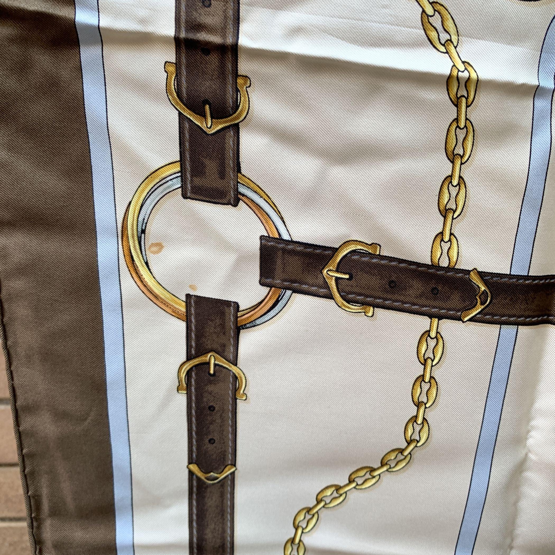 Gray Must de Cartier White and Brown Border Equestrian Silk Scarf