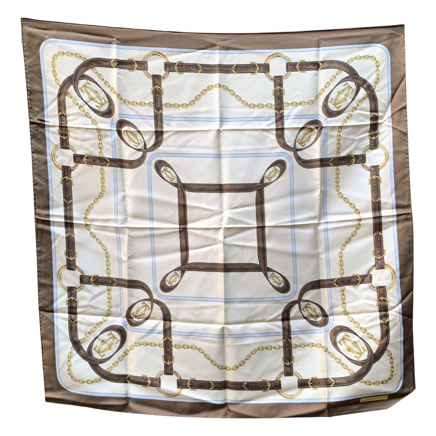 Must de Cartier White and Brown Border Equestrian Silk Scarf