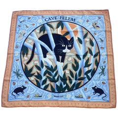 Vintage Must-Have Hermès Silk Scarf Cave Felem Cat Christine Henry Orange Blue 90 cm