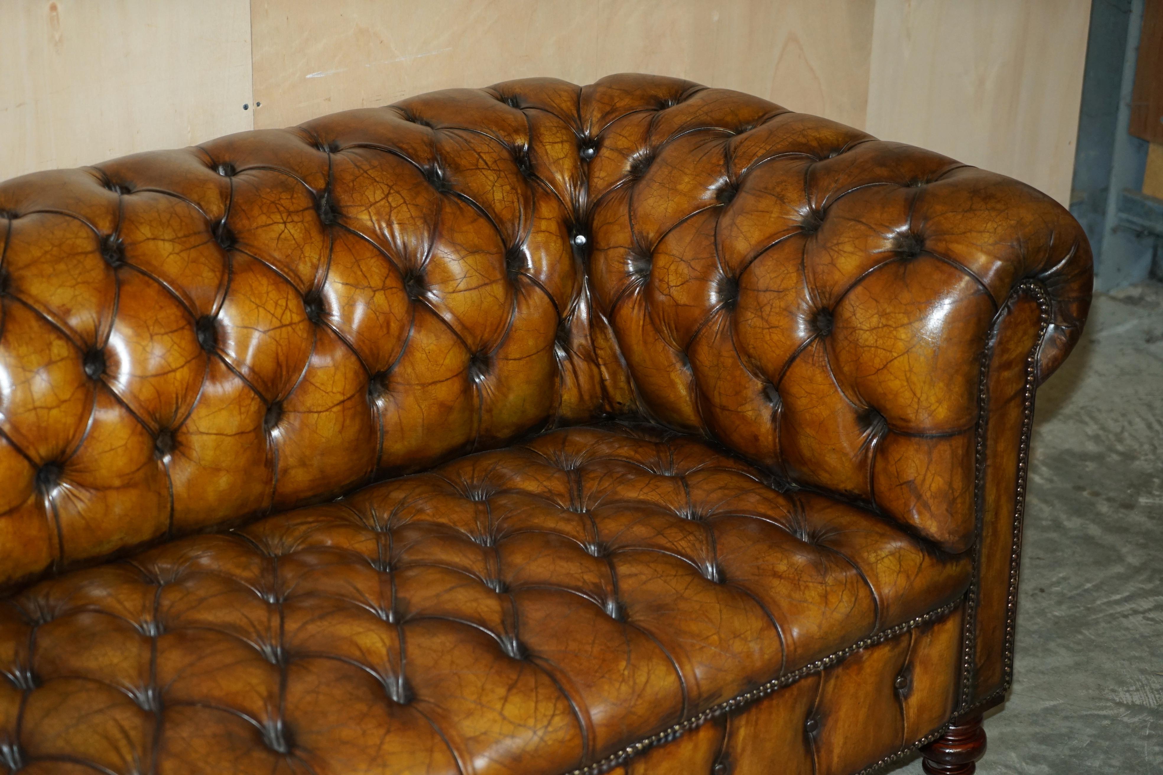 Must See Antique Restored Victorian Chesterfield Tufted Cigar Brown Leather Sofa 9
