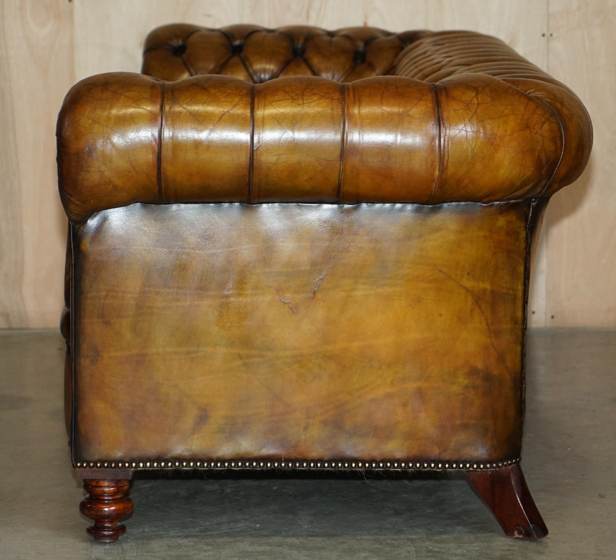 Must See Antique Restored Victorian Chesterfield Tufted Cigar Brown Leather Sofa 13