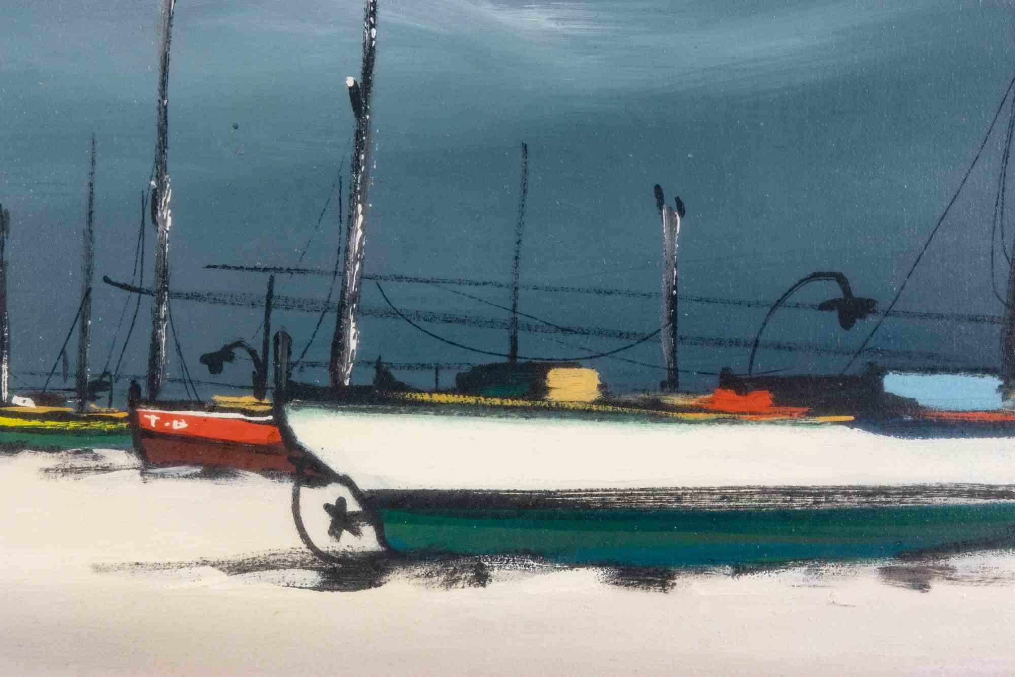 Landscape with Boats - Oil Paint by Mustapha Yehya - mid-20th Century 1