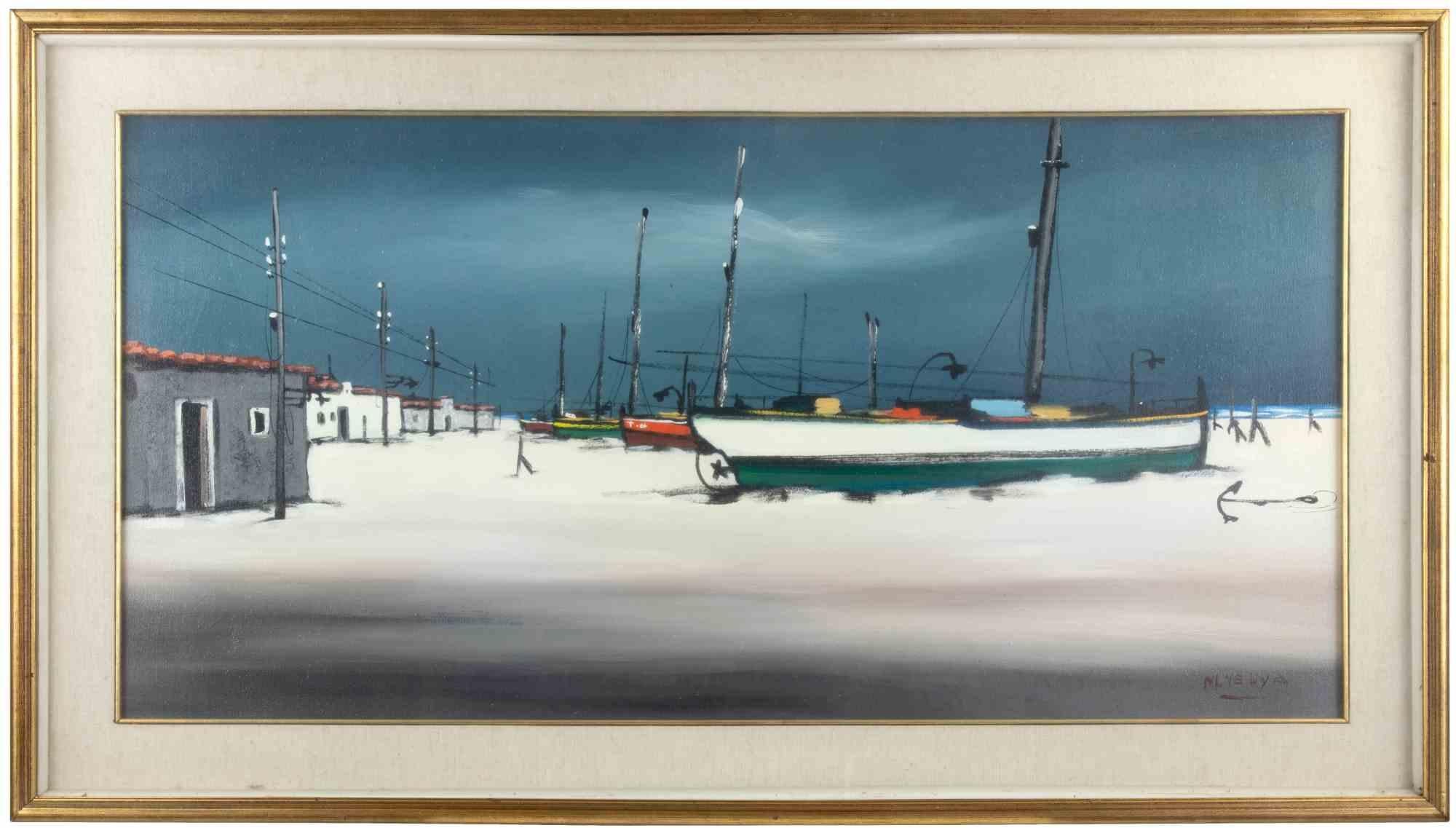 Landscape with boats is a modern artwork realized by Mustapha Yehya.

Mixed colored oil painting on canvas.

Hand signed on the lower margin.

Includes frame.
