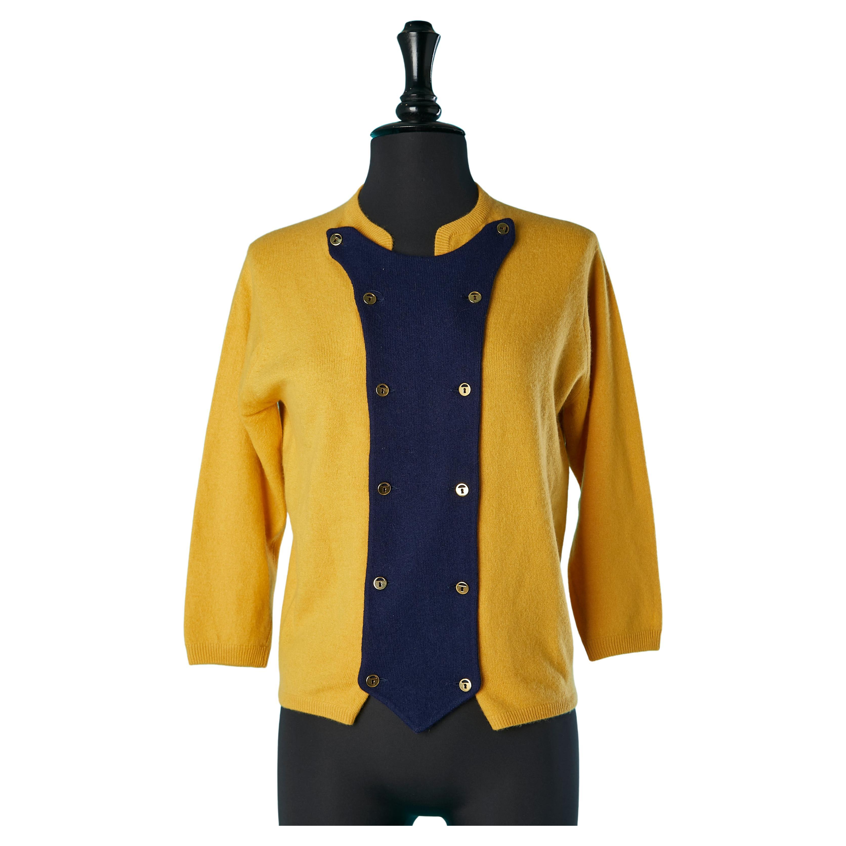Mustard and navy cashmere knit Trompe-l'oeil cardigan Roberta by R. Di Camarino For Sale