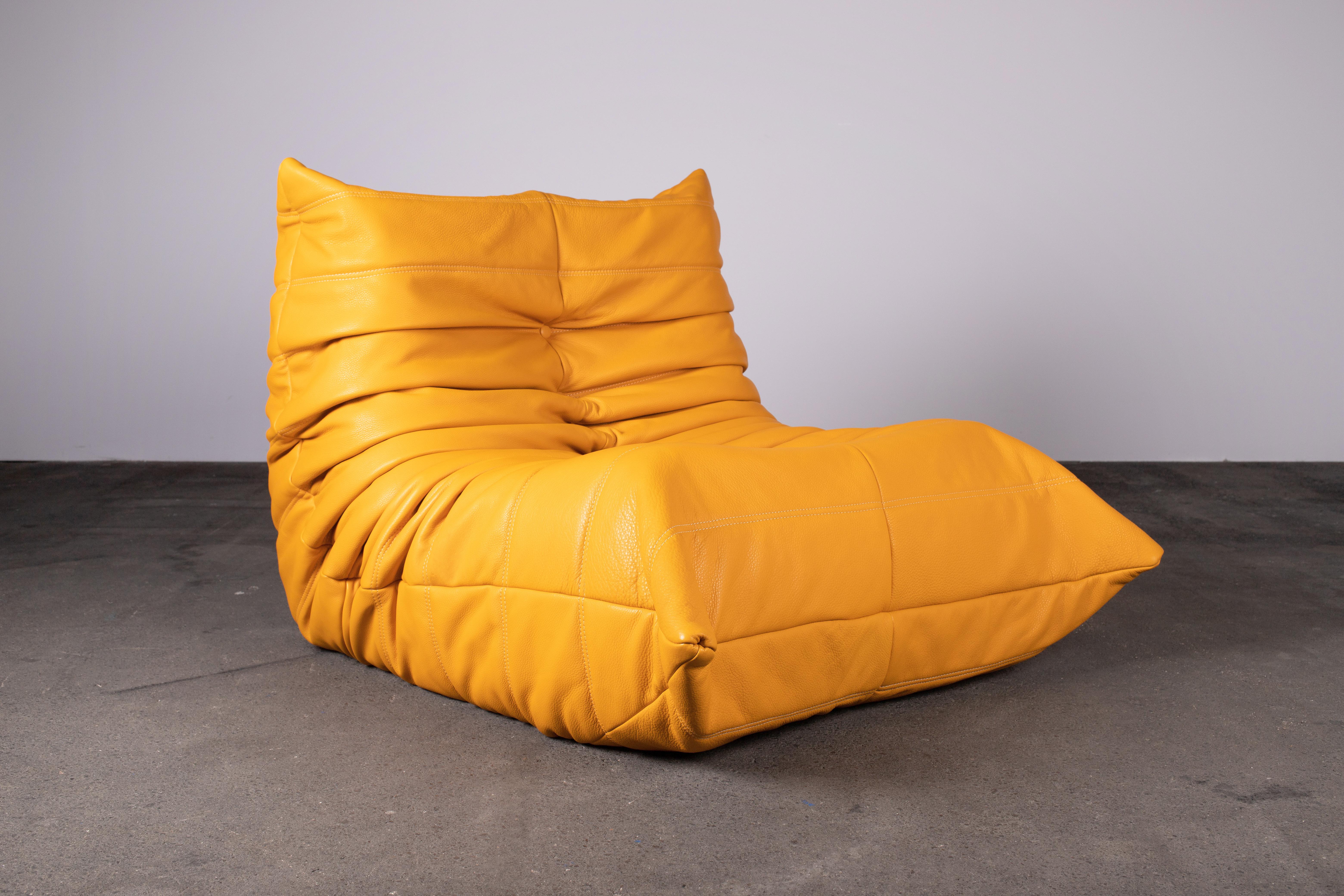 Mustard Aniline Leather Togo Set, 3-Seat & 1-Seat, 1970s, Reupholstered 3
