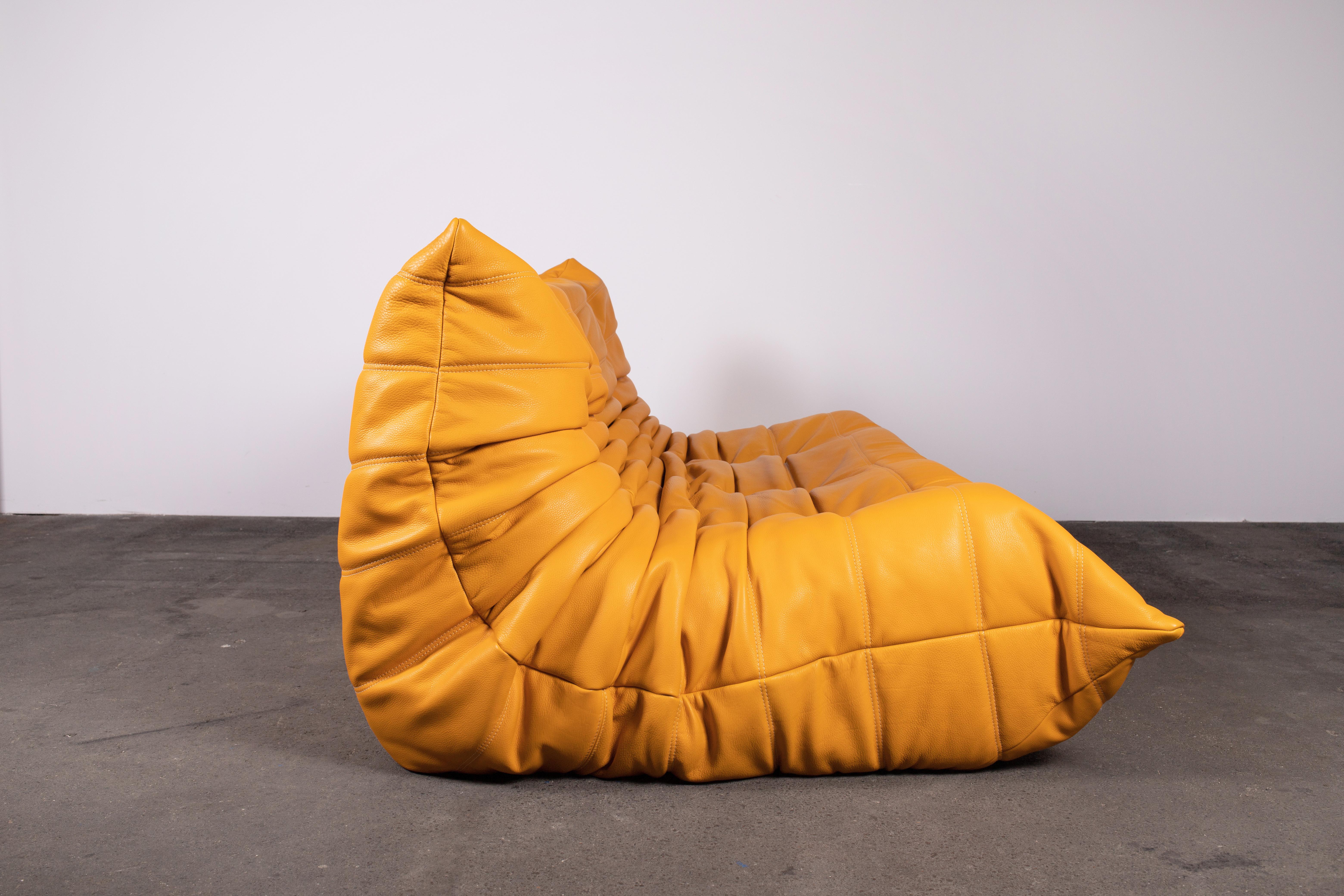 Organic Modern Mustard Aniline Leather Togo Set, 3-Seat & 1-Seat, 1970s, Reupholstered