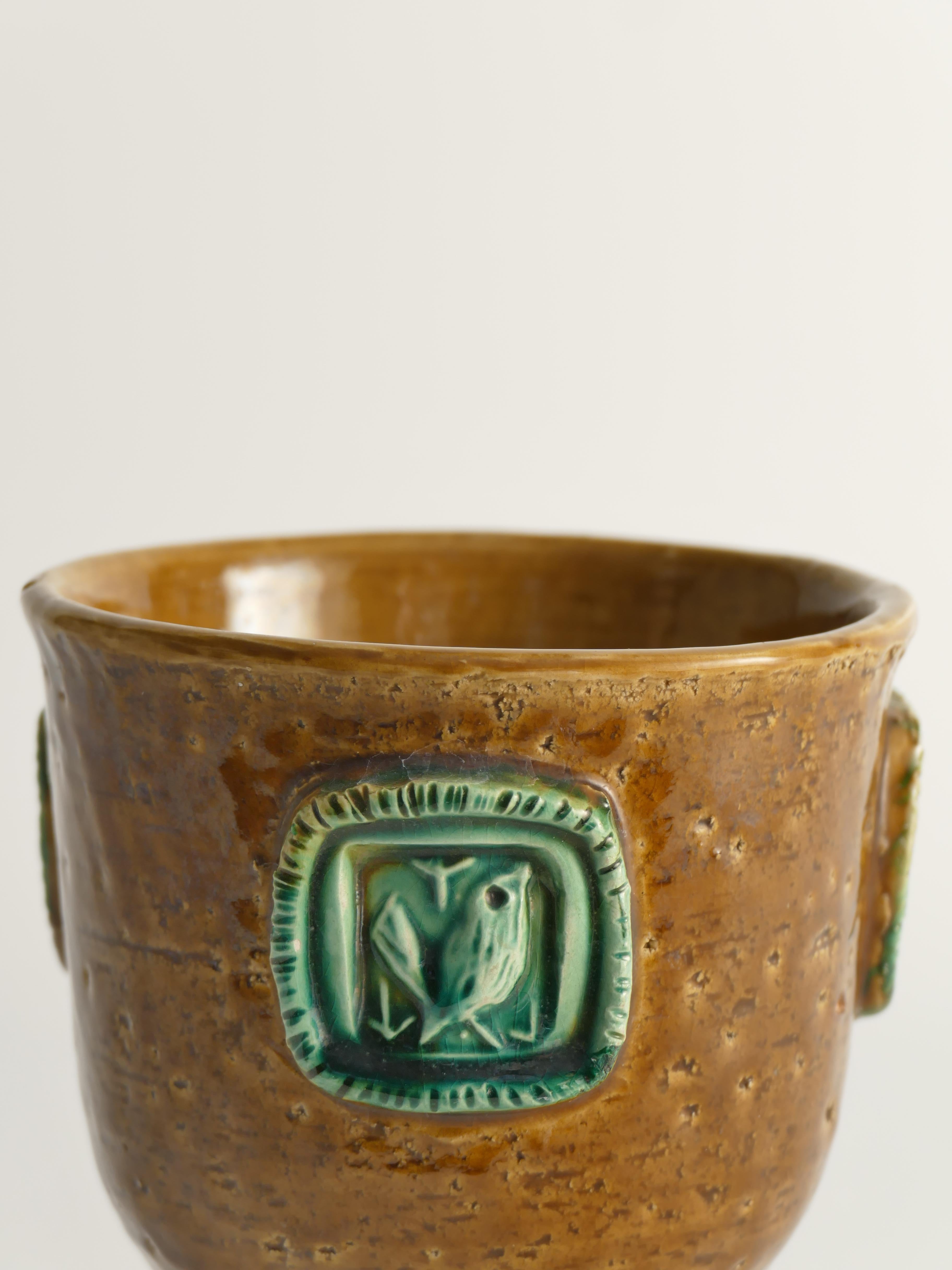 Jarrón de gres marrón mostaza con pájaros verde celadón de Aldo Londi para Bitossi en venta 3