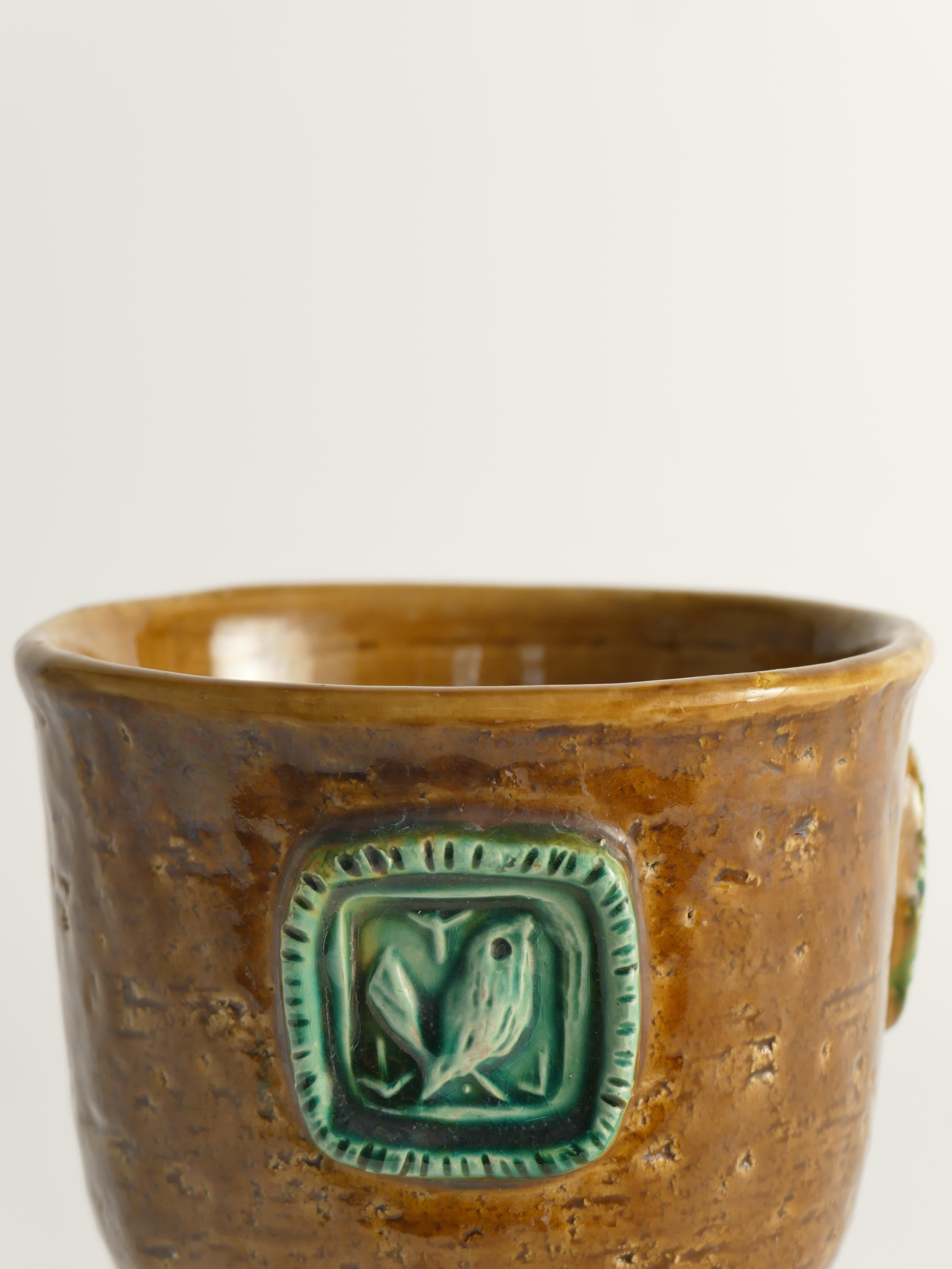 Jarrón de gres marrón mostaza con pájaros verde celadón de Aldo Londi para Bitossi en venta 4
