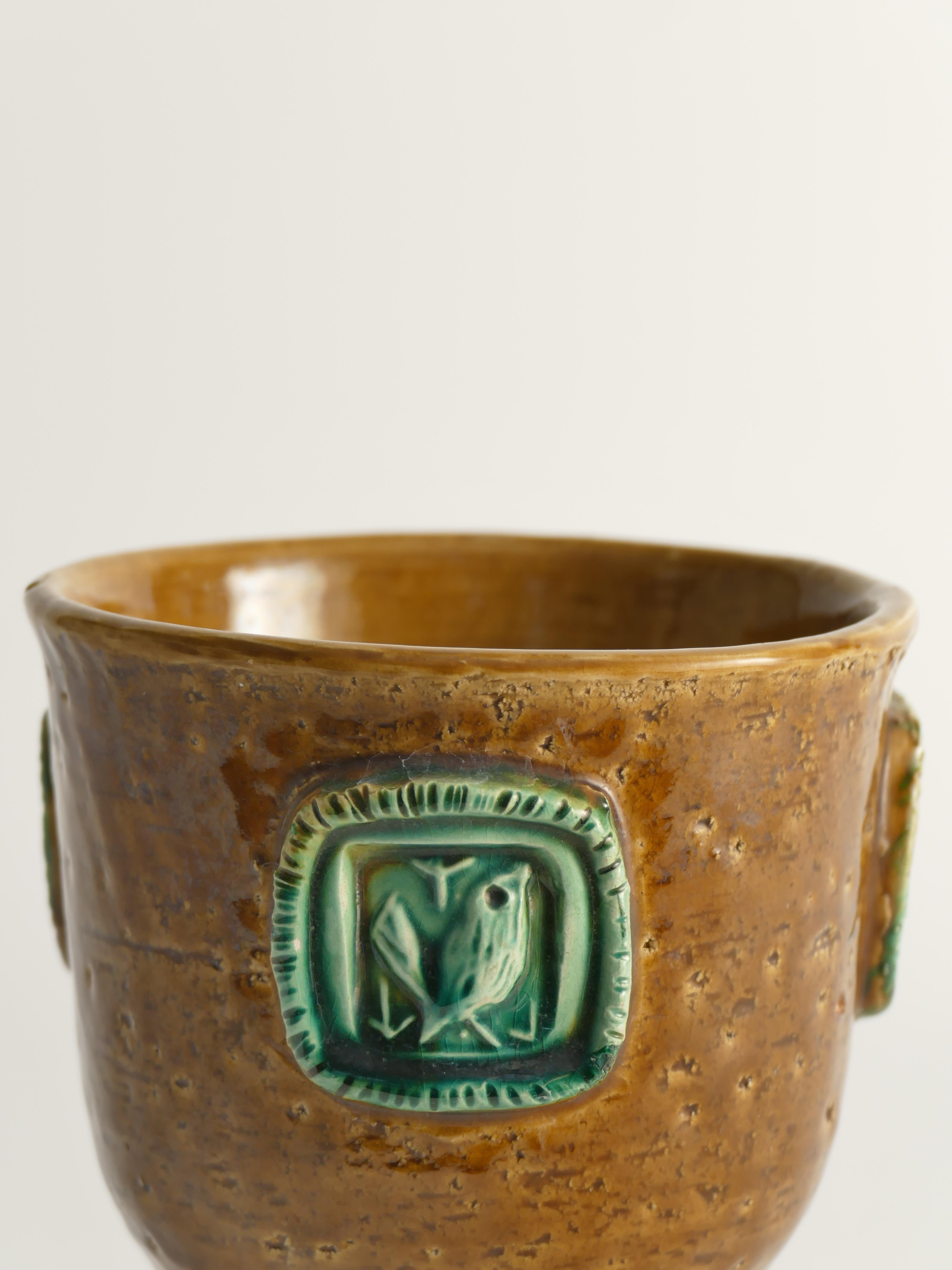 Jarrón de gres marrón mostaza con pájaros verde celadón de Aldo Londi para Bitossi en venta 1