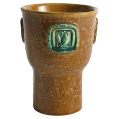 Mustard Brown Stoneware Vase with Celadon Green Birds by Aldo Londi for Bitossi