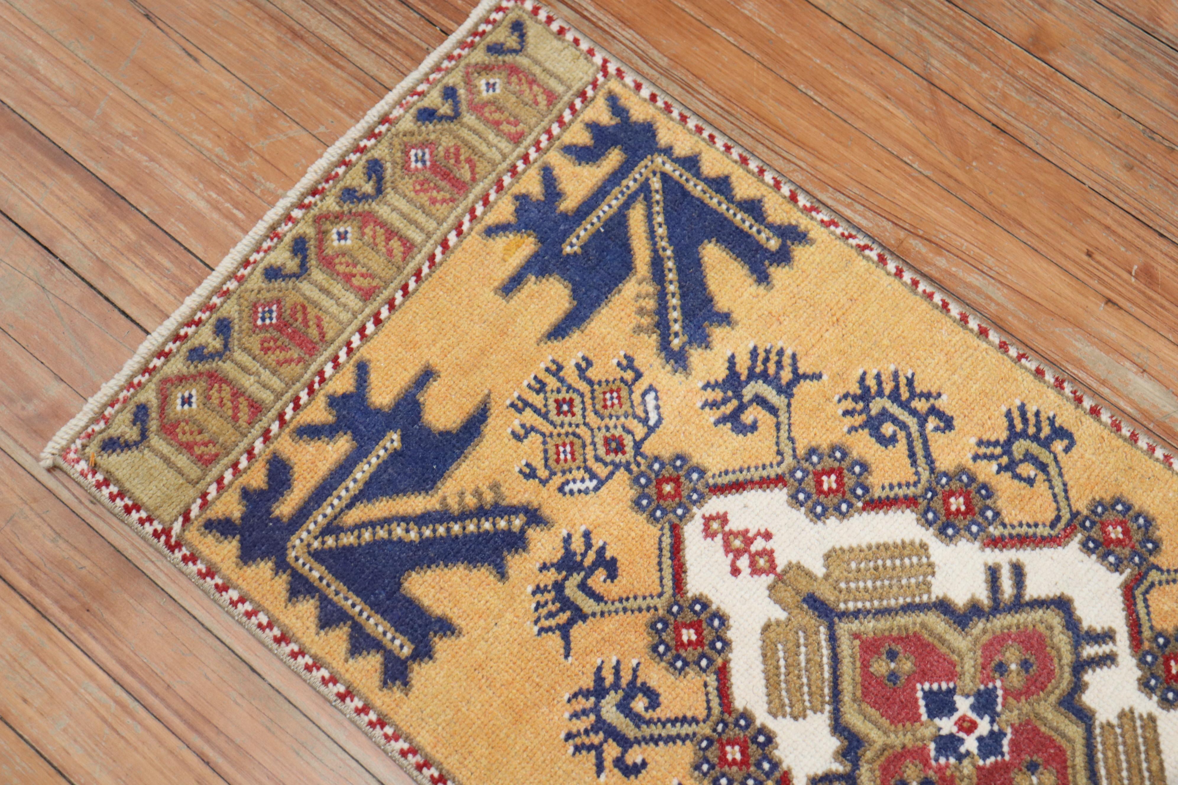 Zabihi Collection Mustard Color Mini Vintage Turkish Rug In Good Condition For Sale In New York, NY