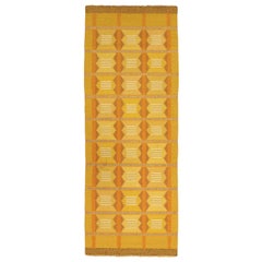 Mustard Color Signed "M L B" Vintage Swedish Wool Runner Kilim, 1920-1950