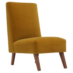 Mustard Cotton Velvet Slipper Chair with Teak Legs, Bedroom Chair